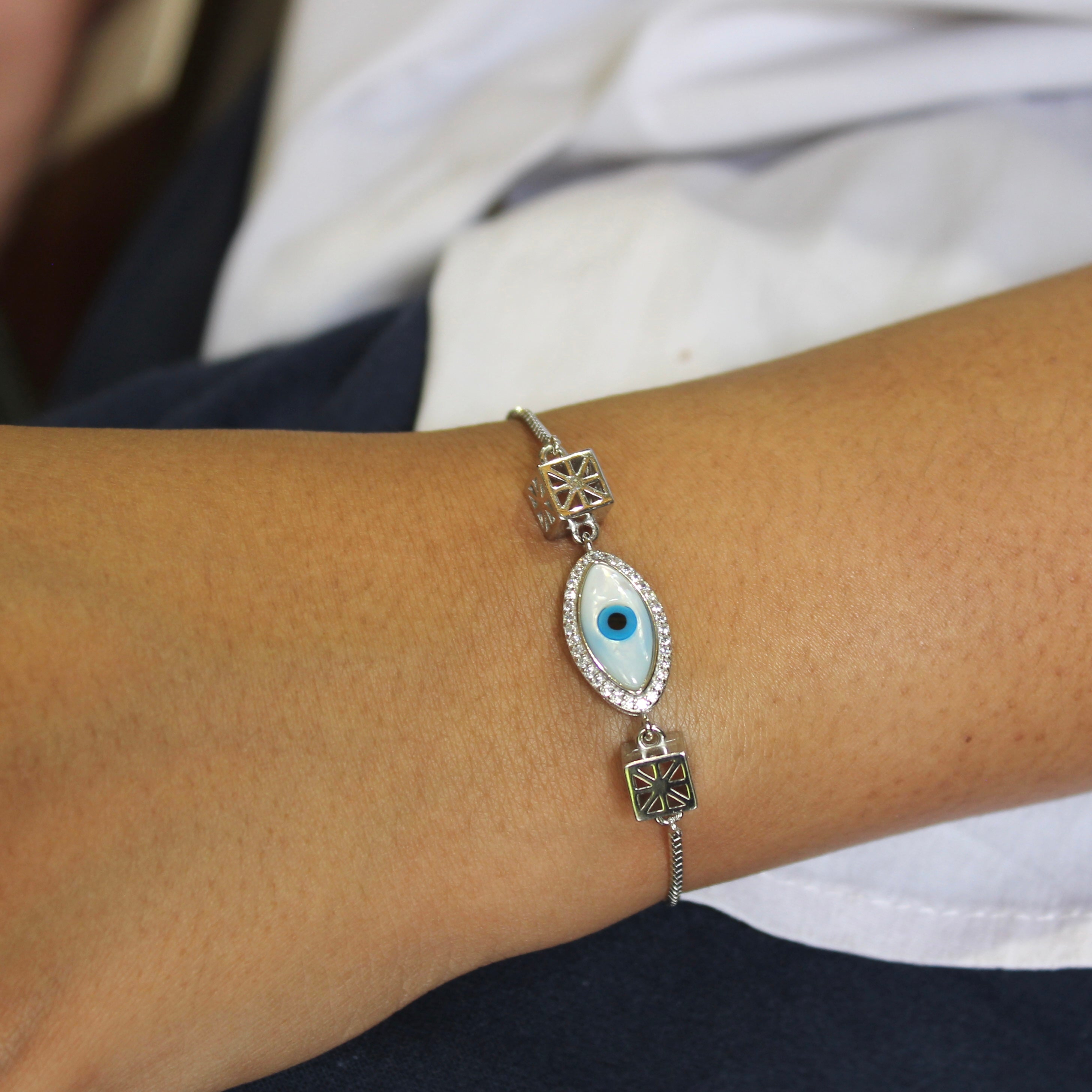 Evil Eye White Charm Oval 925 Silver Adjustable Bracelet