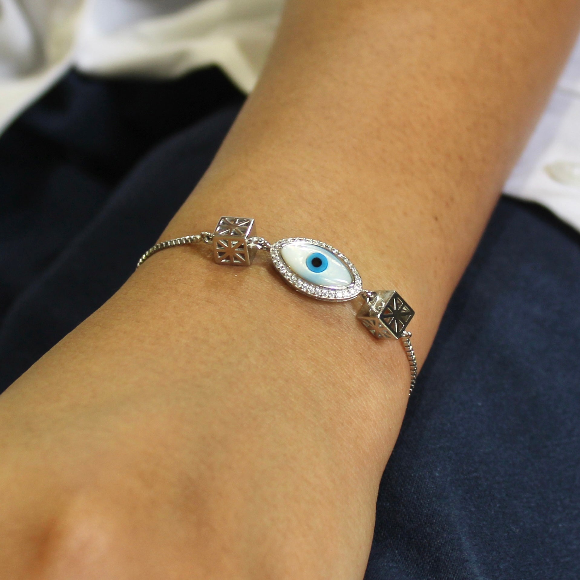 Evil Eye White Charm Oval 925 Silver Adjustable Bracelet