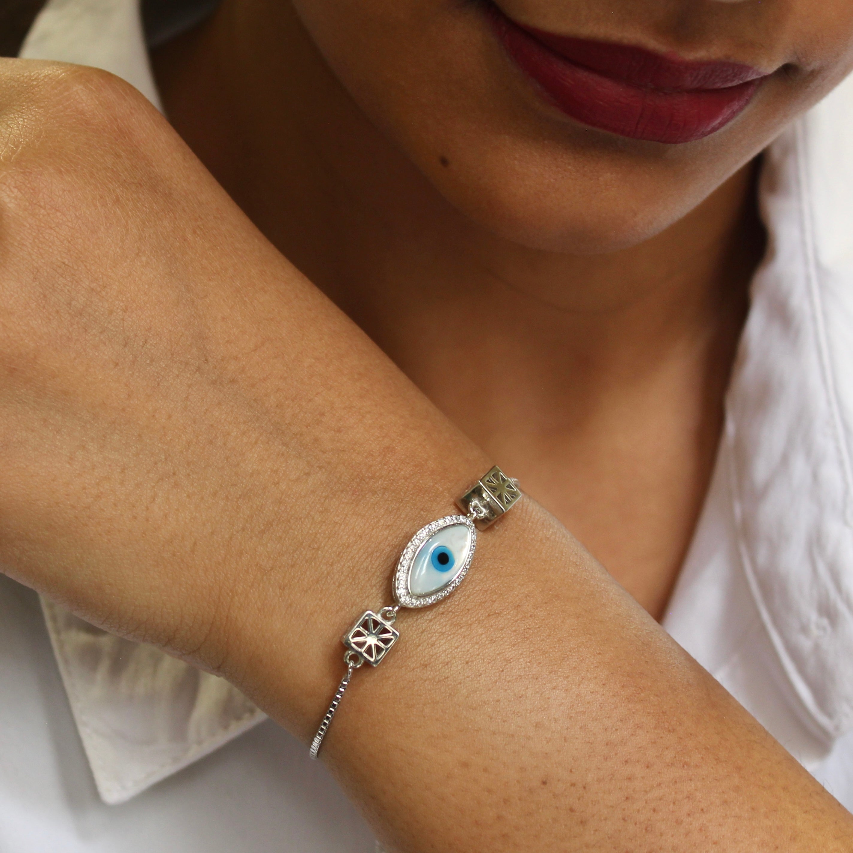 Evil Eye White Charm Oval 925 Silver Adjustable Bracelet