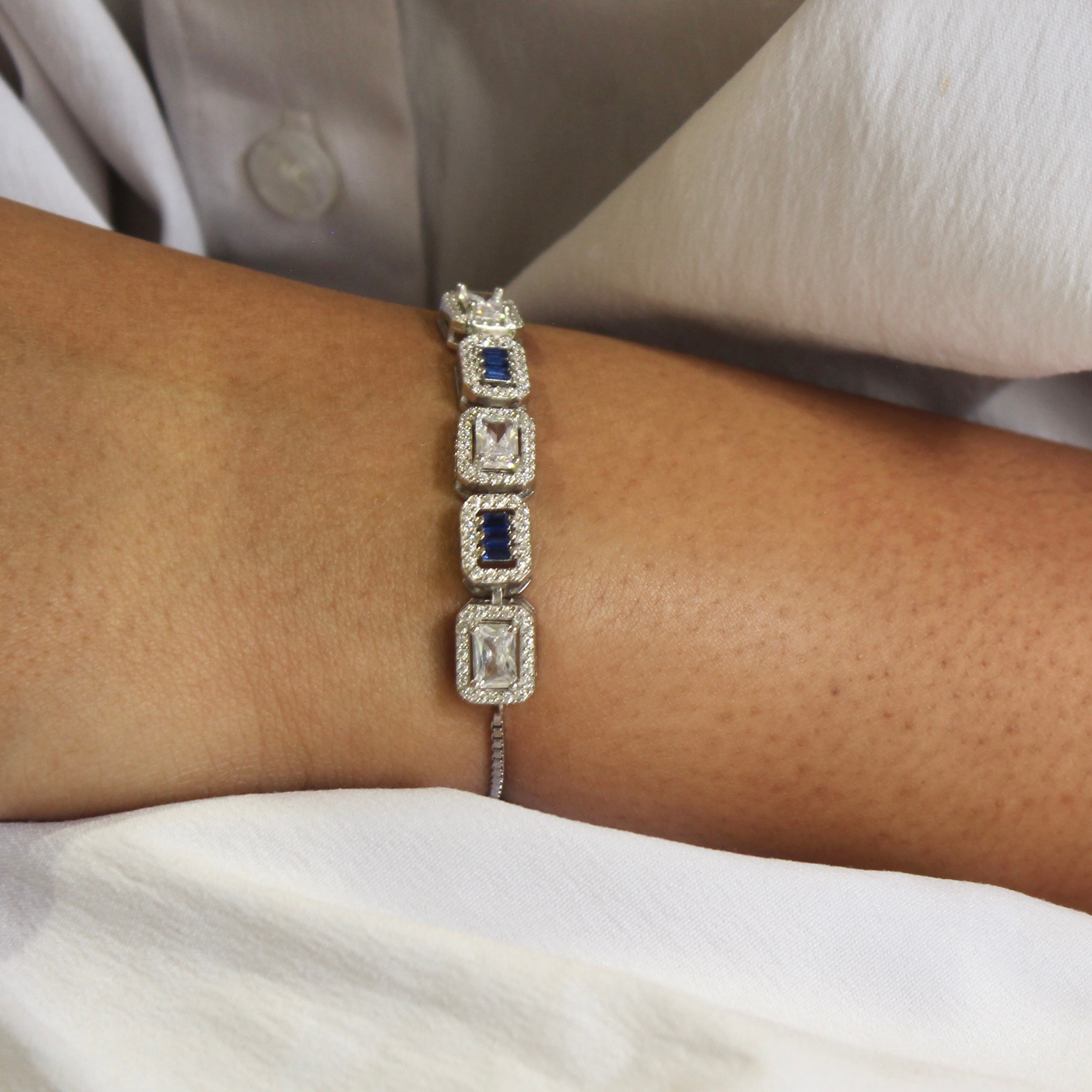 Zircon Sapphire Stones Cube 925 Silver Adjustable Bracelet