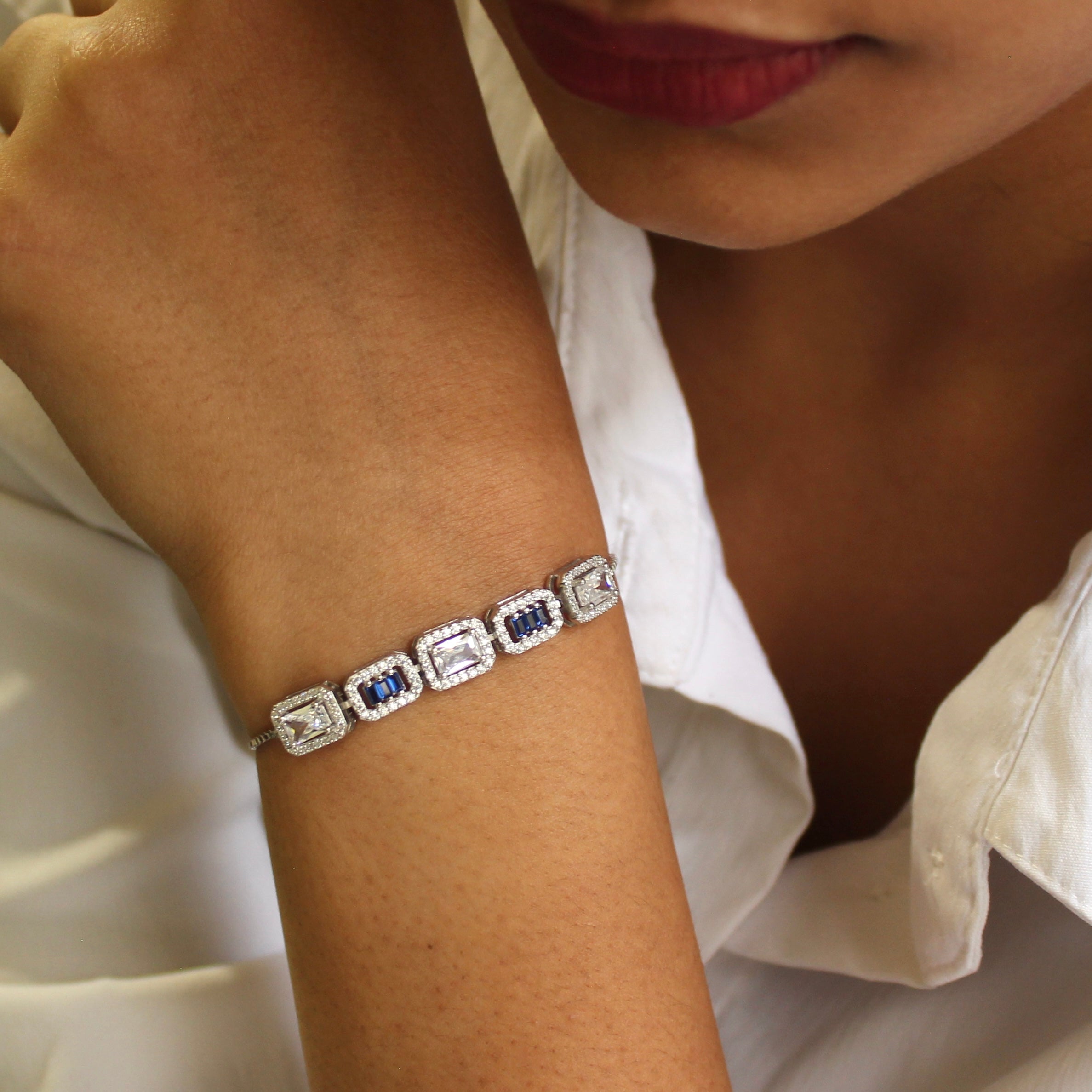 Zircon Sapphire Stones Cube 925 Silver Adjustable Bracelet