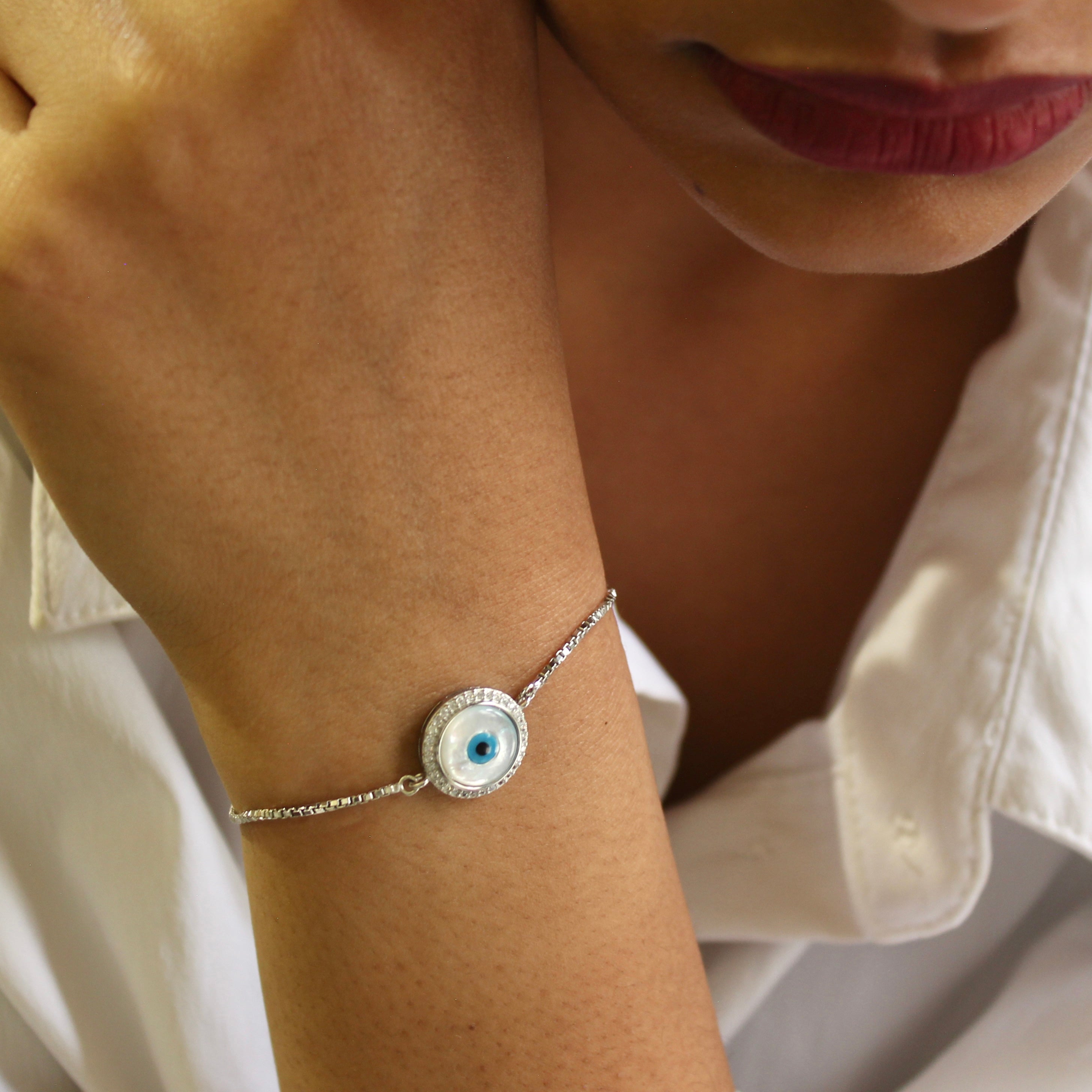 Evil Eye Minimal White Charm 925 Silver Adjustable Bracelet