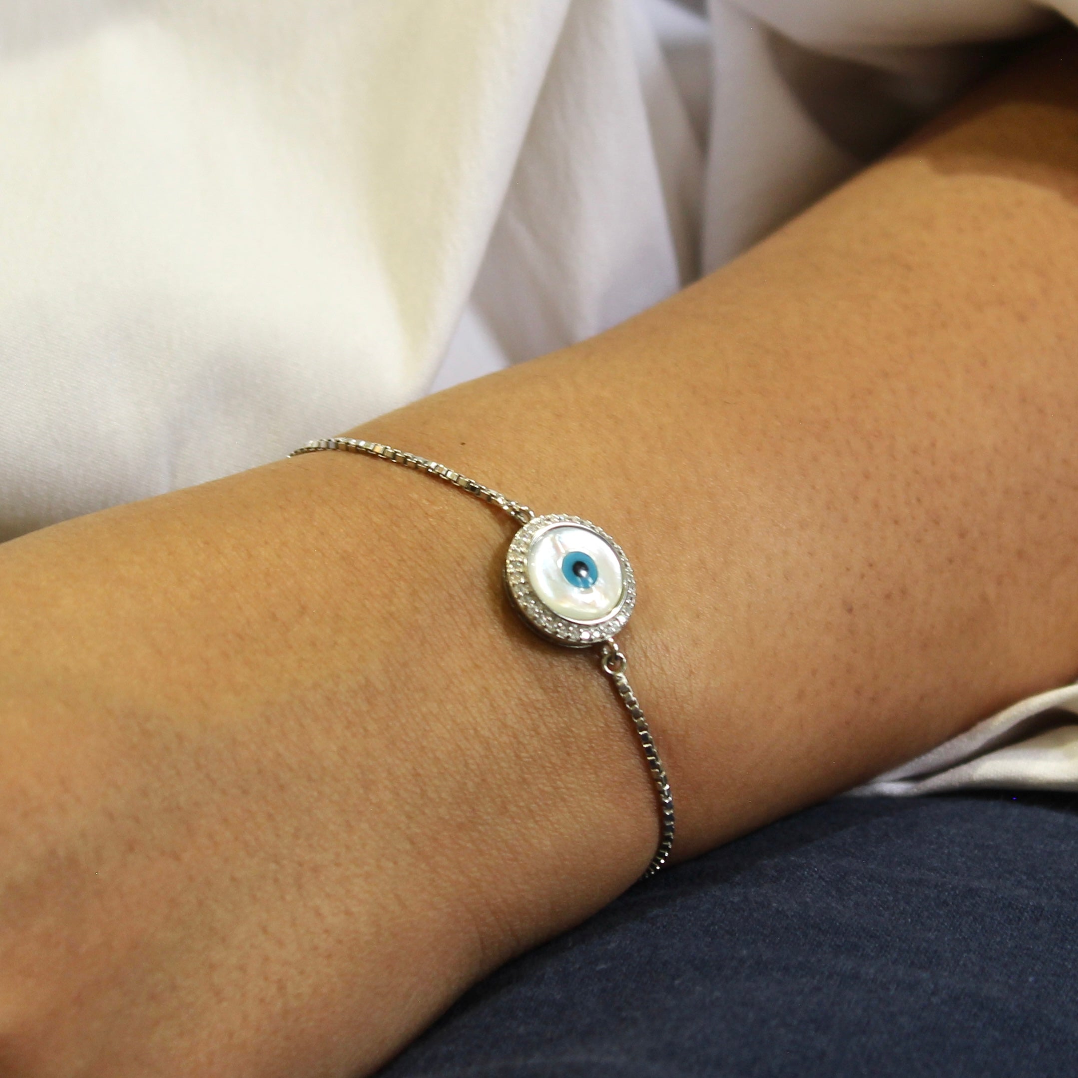 Evil Eye Minimal White Charm 925 Silver Adjustable Bracelet