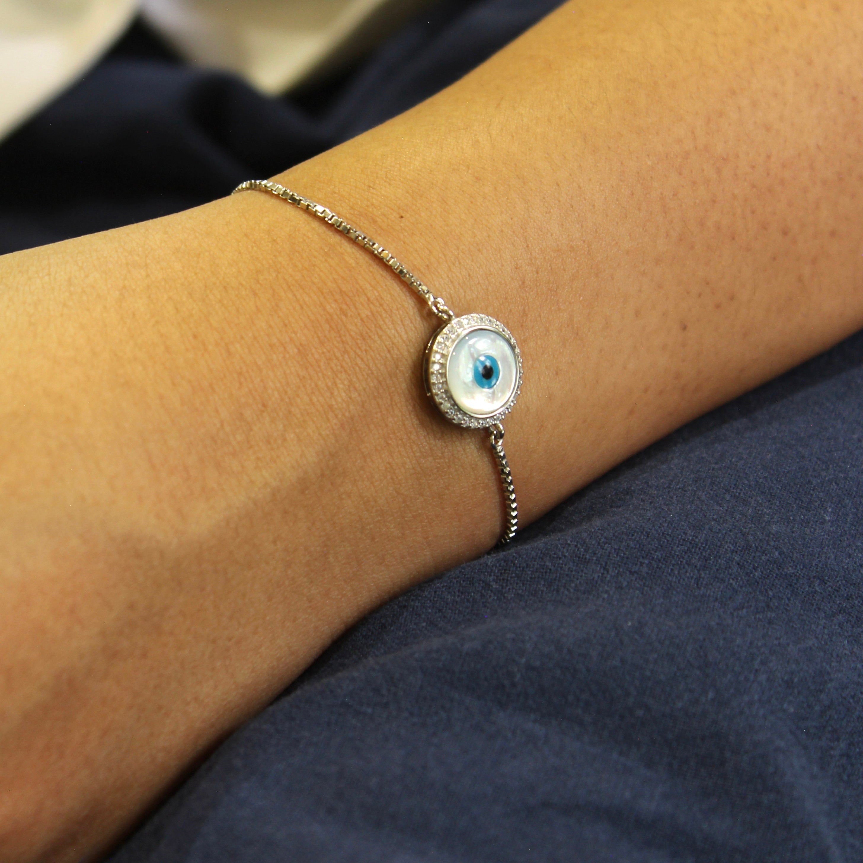 Evil Eye Minimal White Charm 925 Silver Adjustable Bracelet