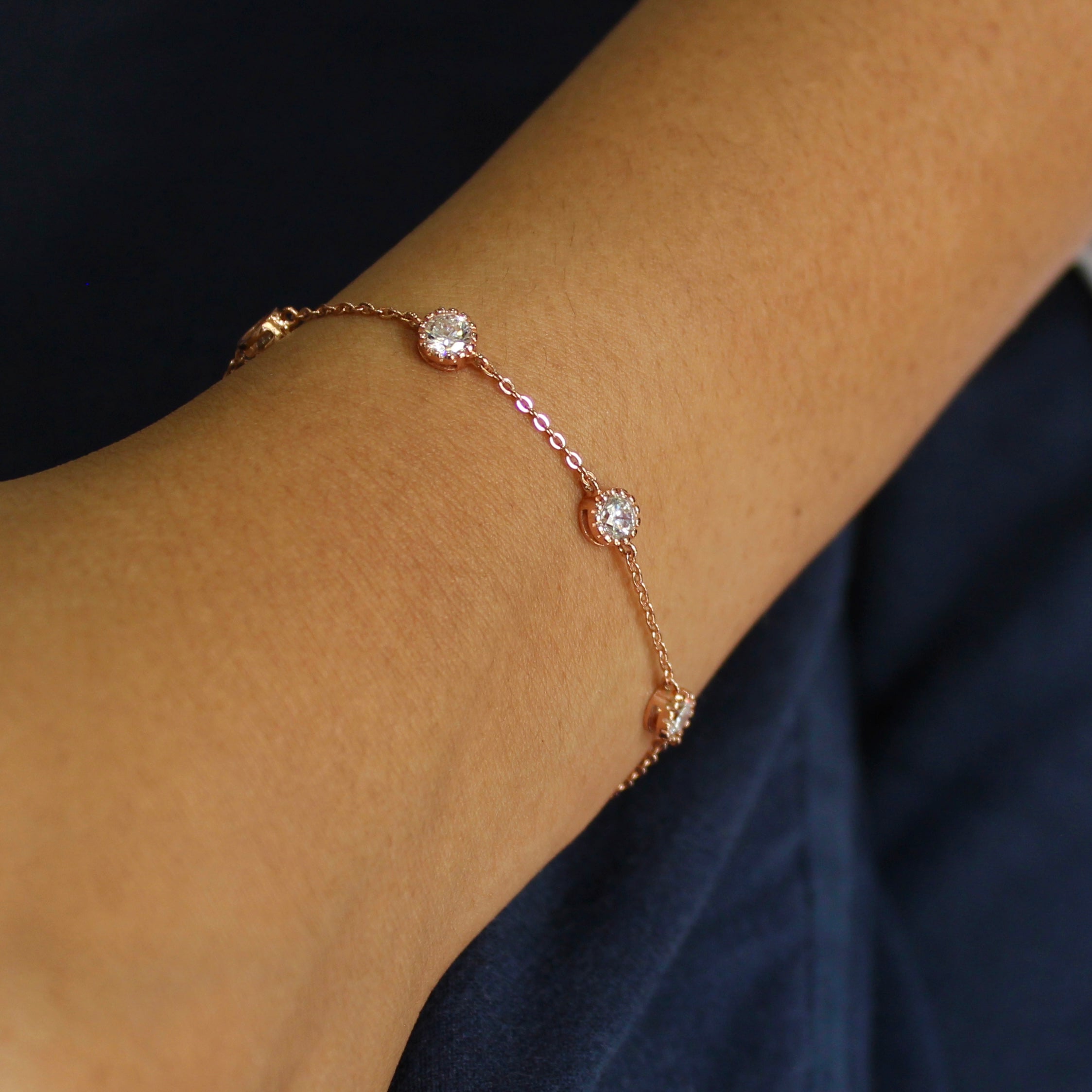 Zircon Stones Lined 925 Silver Minimal Bracelet in Rose Gold