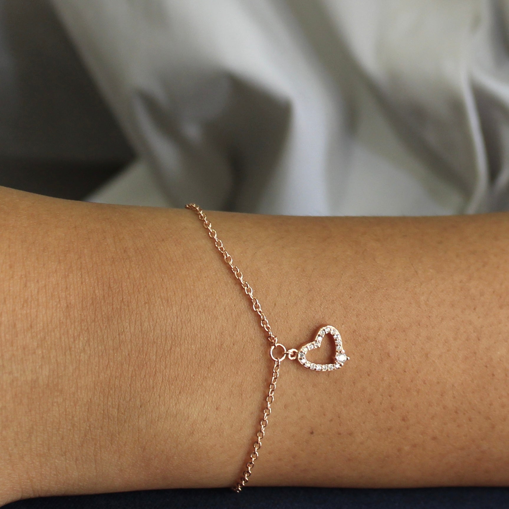 Heart Charm Minimal Rose Gold Silver Bracelet