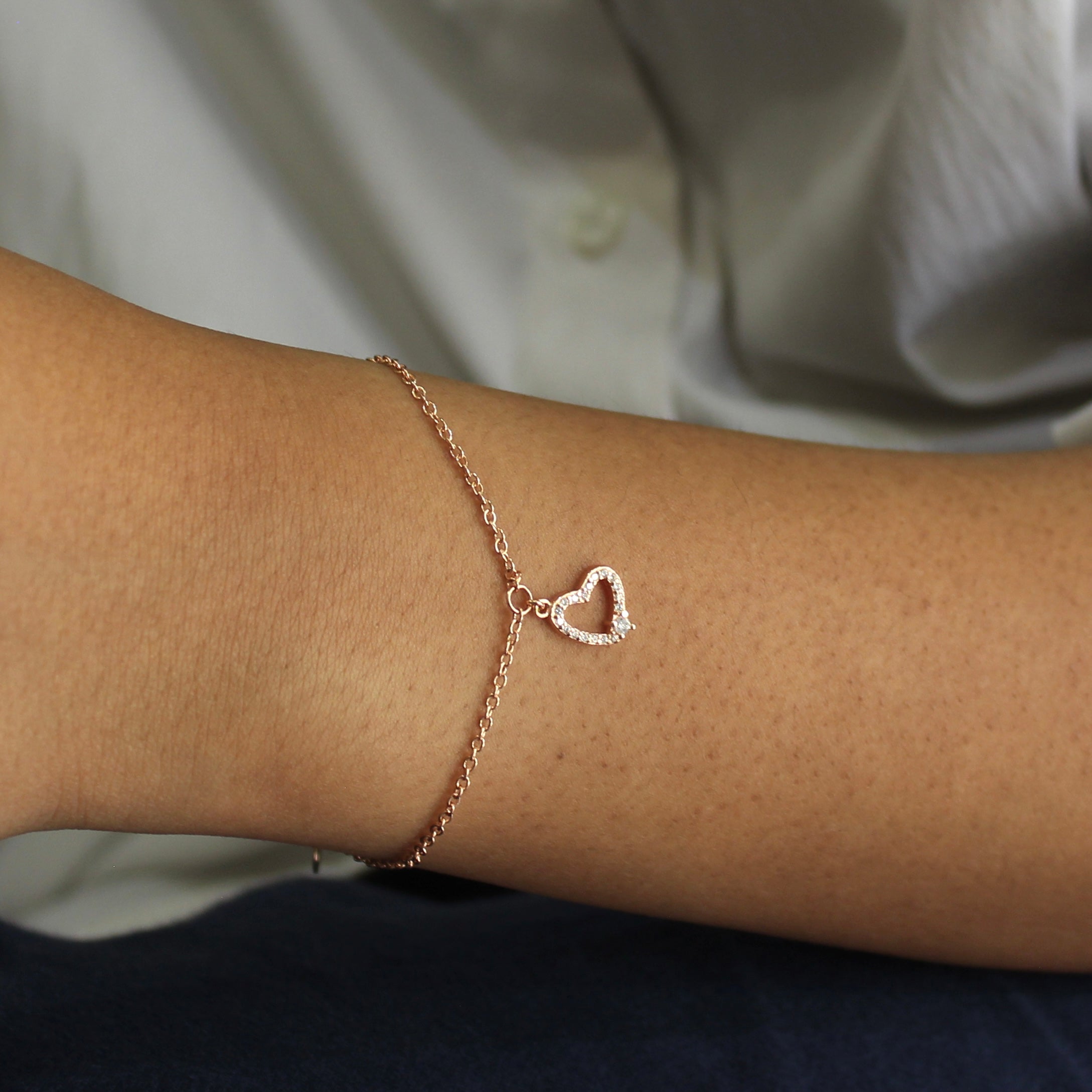 Heart Charm Minimal Rose Gold Silver Bracelet