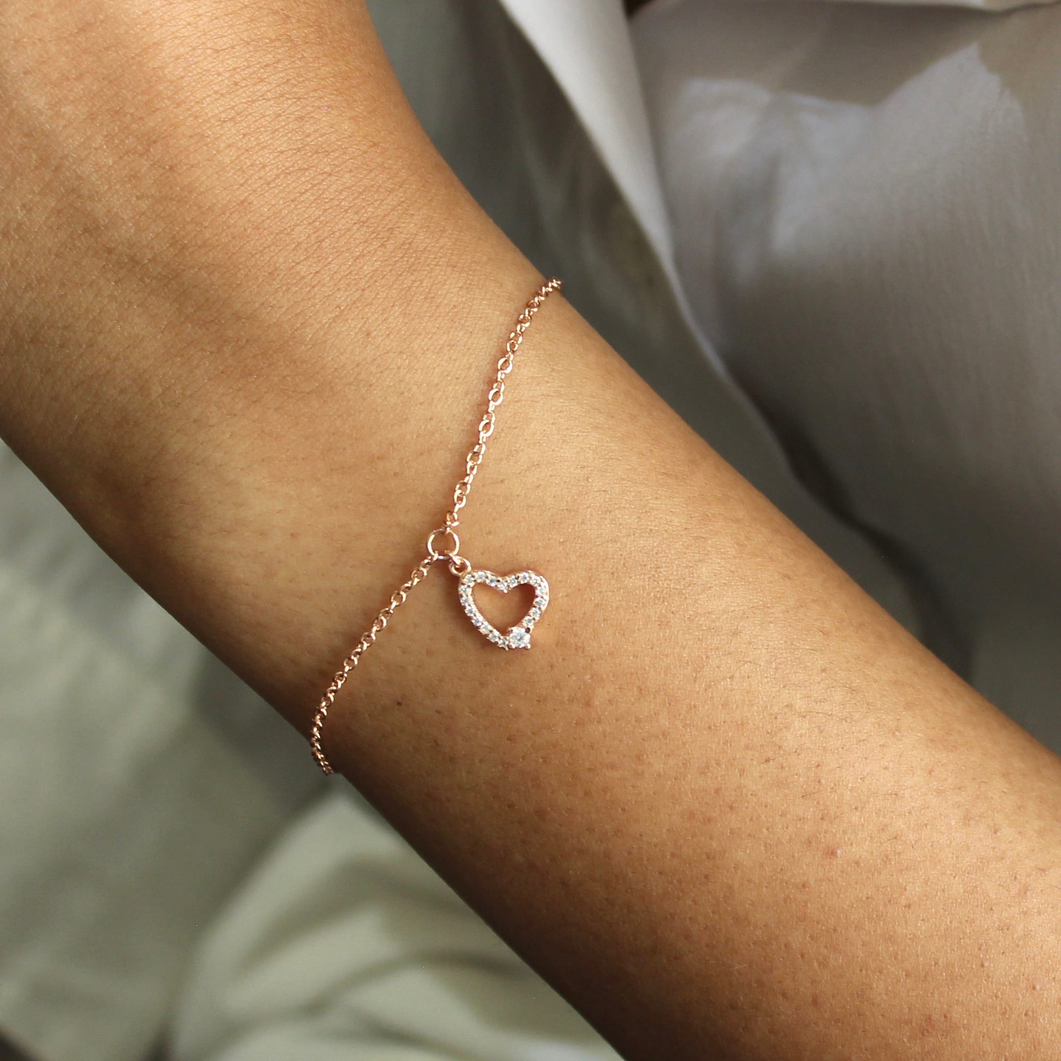 Heart Charm Minimal Rose Gold Silver Bracelet