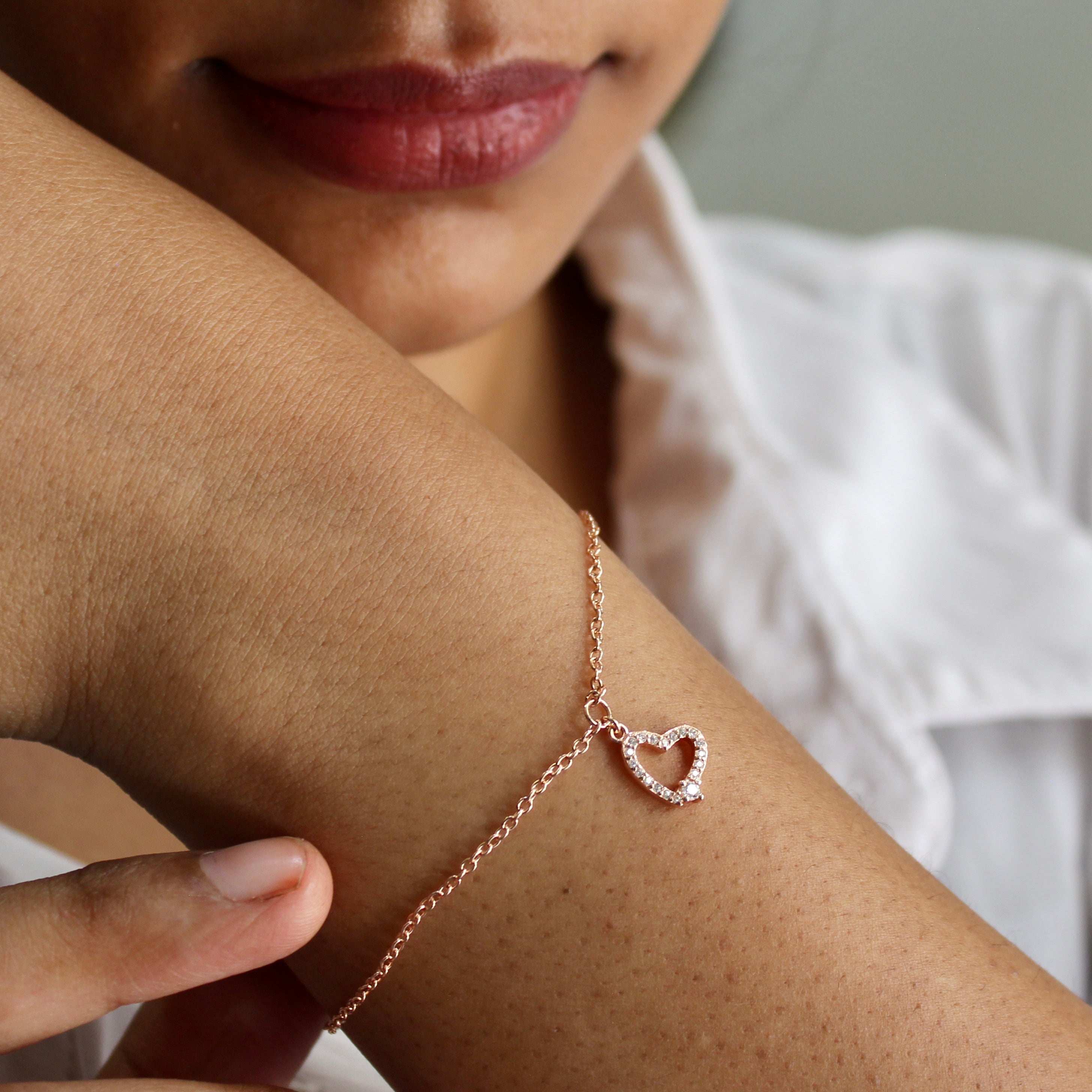 Heart Charm Minimal Rose Gold Silver Bracelet