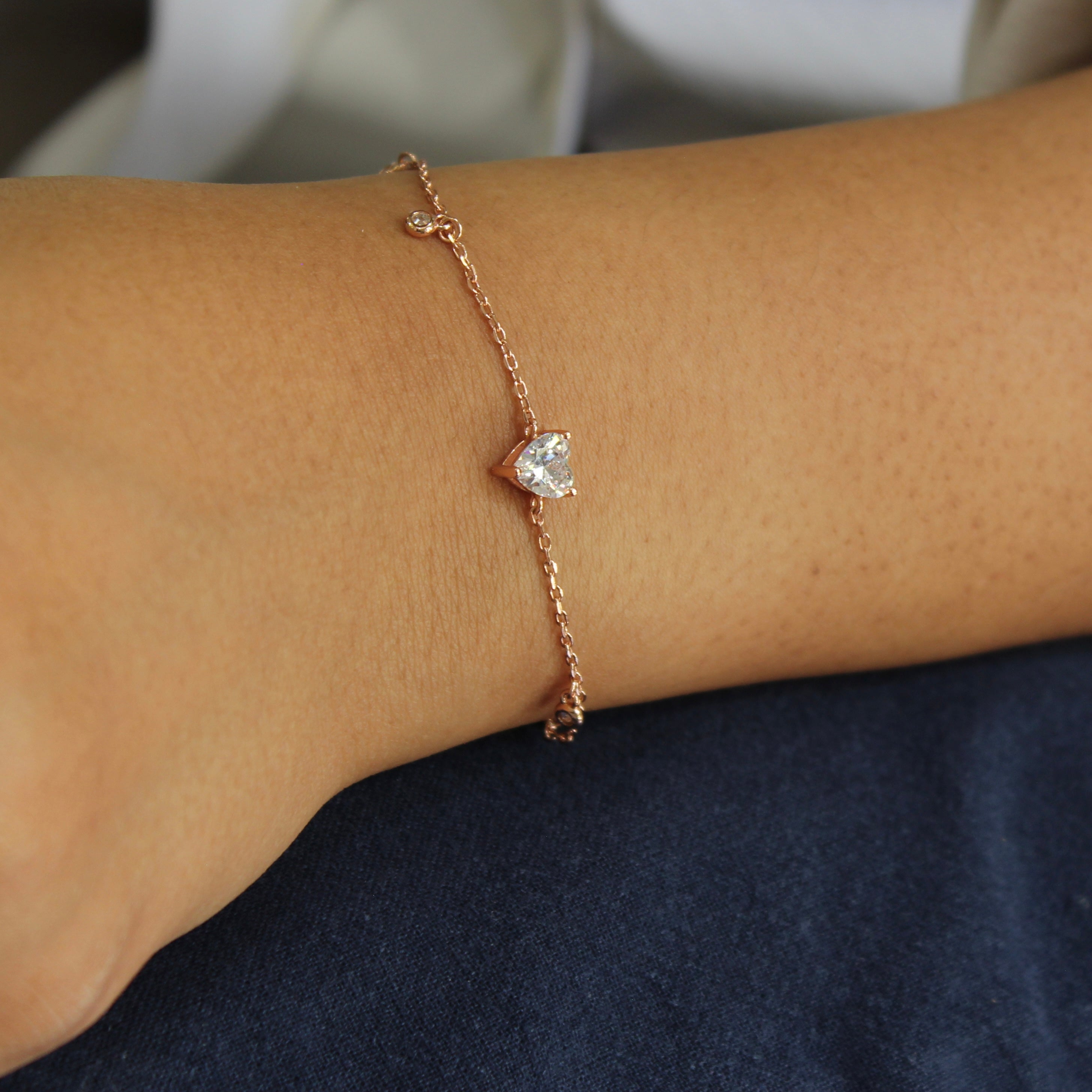 Heart Charm Zircon 925 Silver Minimal Bracelet in Rose Gold