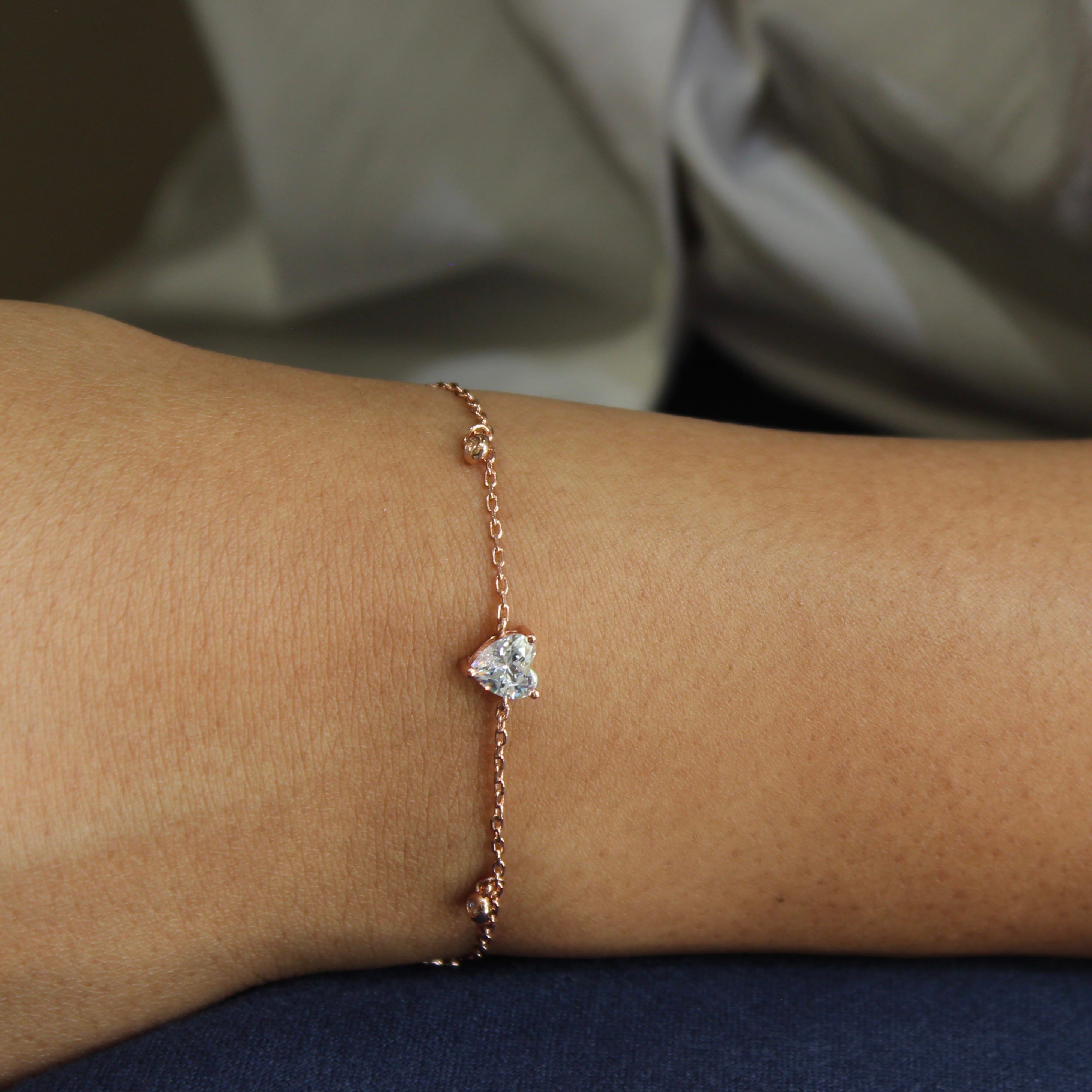 Heart Charm Zircon 925 Silver Minimal Bracelet in Rose Gold