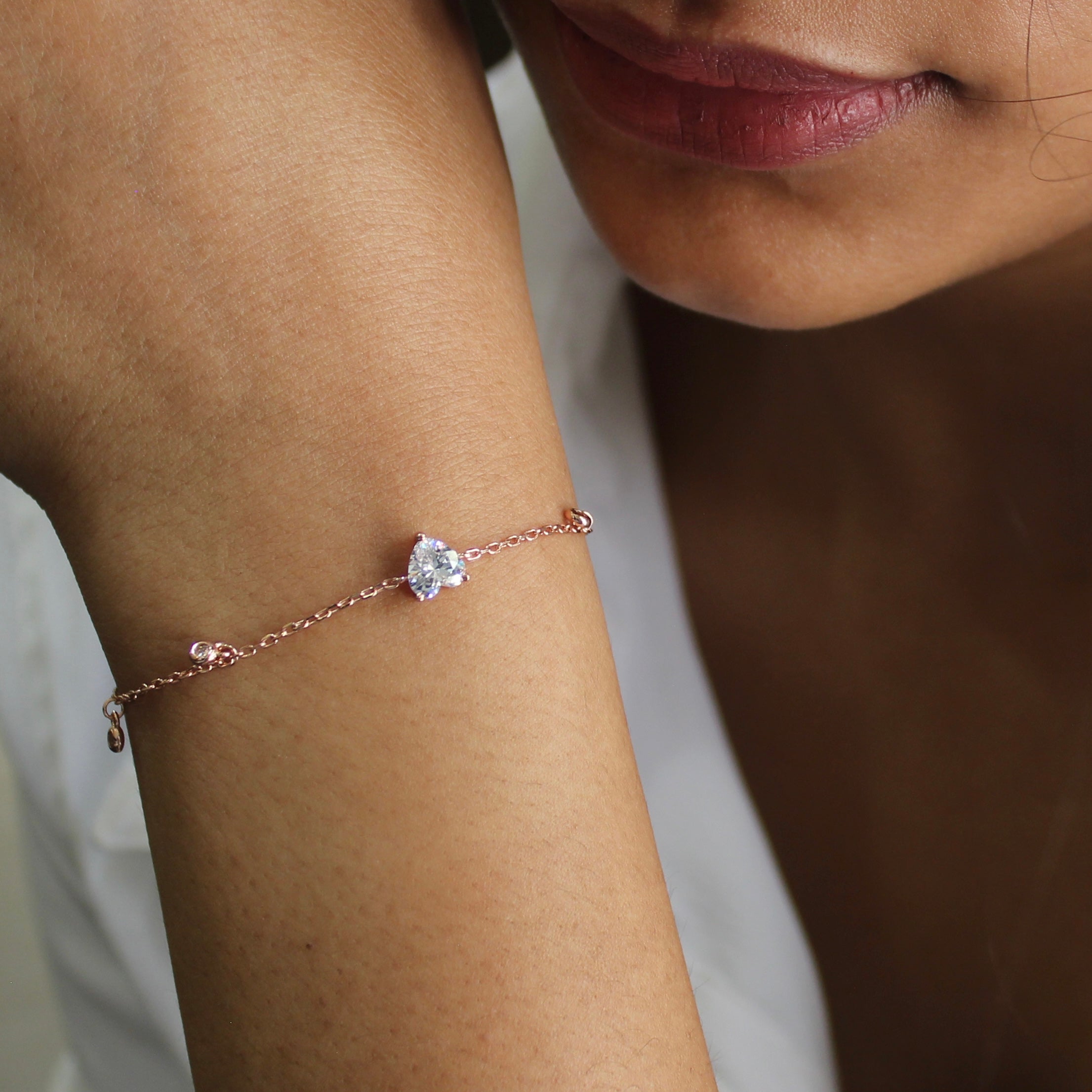 Heart Charm Zircon 925 Silver Minimal Bracelet in Rose Gold