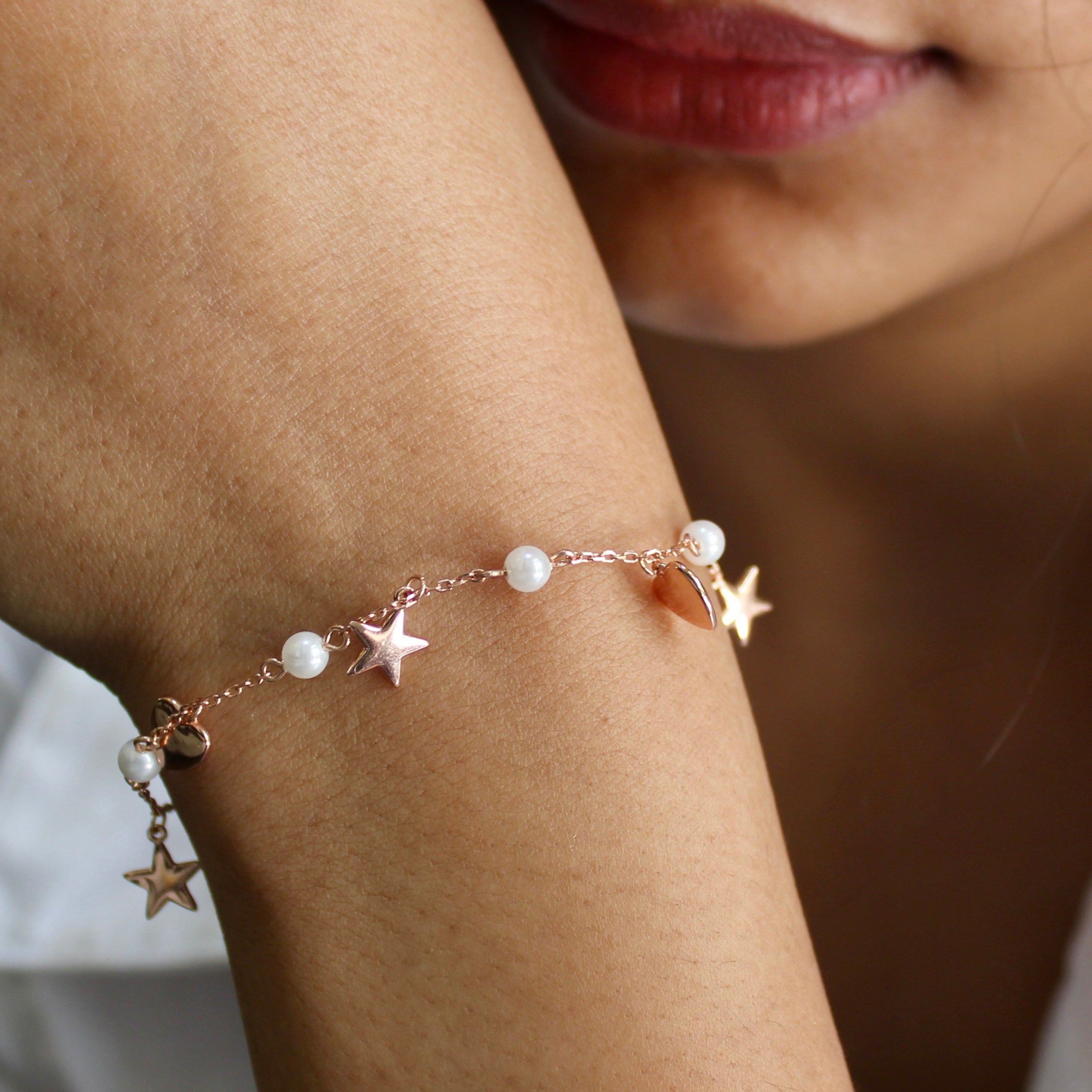 Pearls Star Heart Charms 925 Silver Minimal Bracelet in Rose Gold