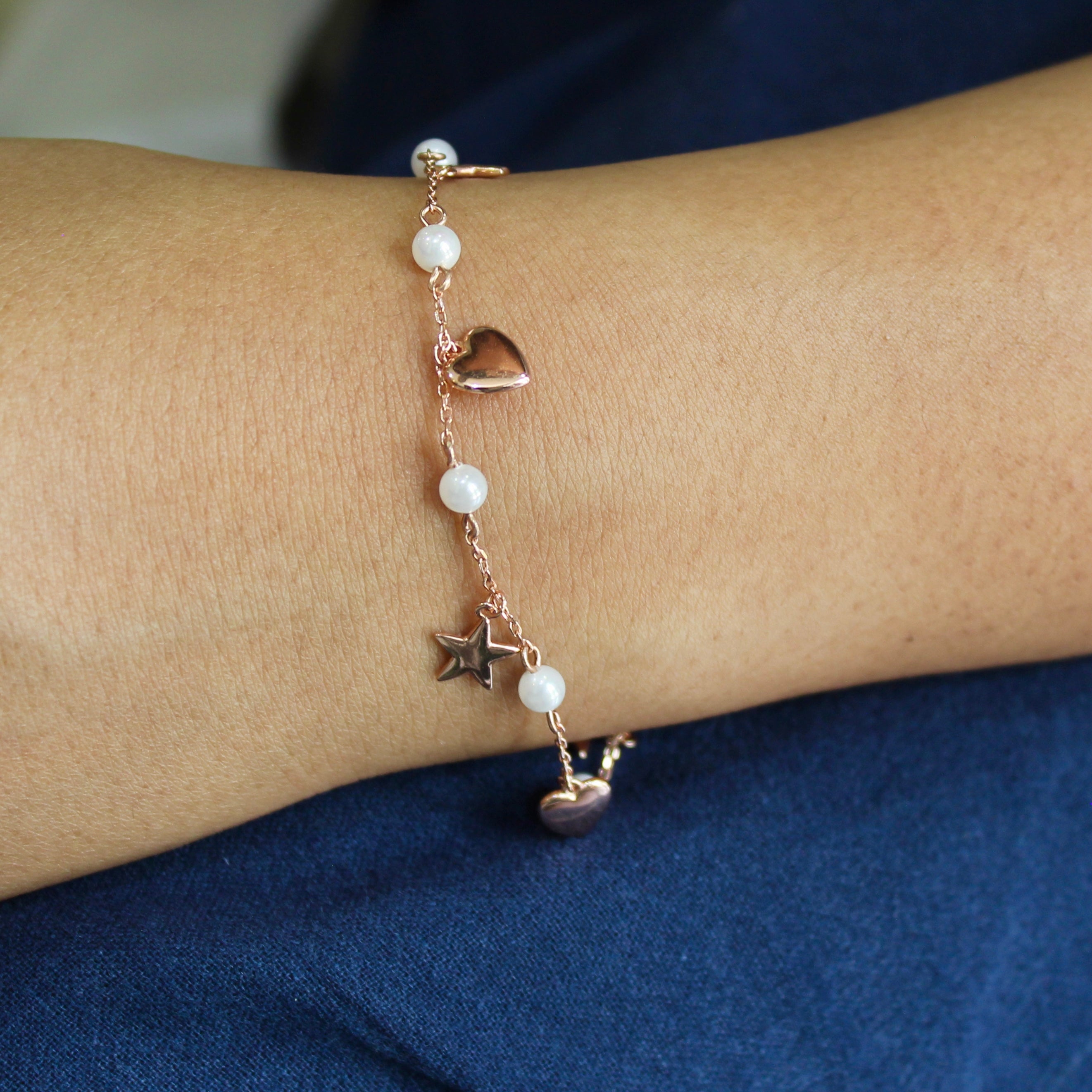 Pearls Star Heart Charms 925 Silver Minimal Bracelet in Rose Gold