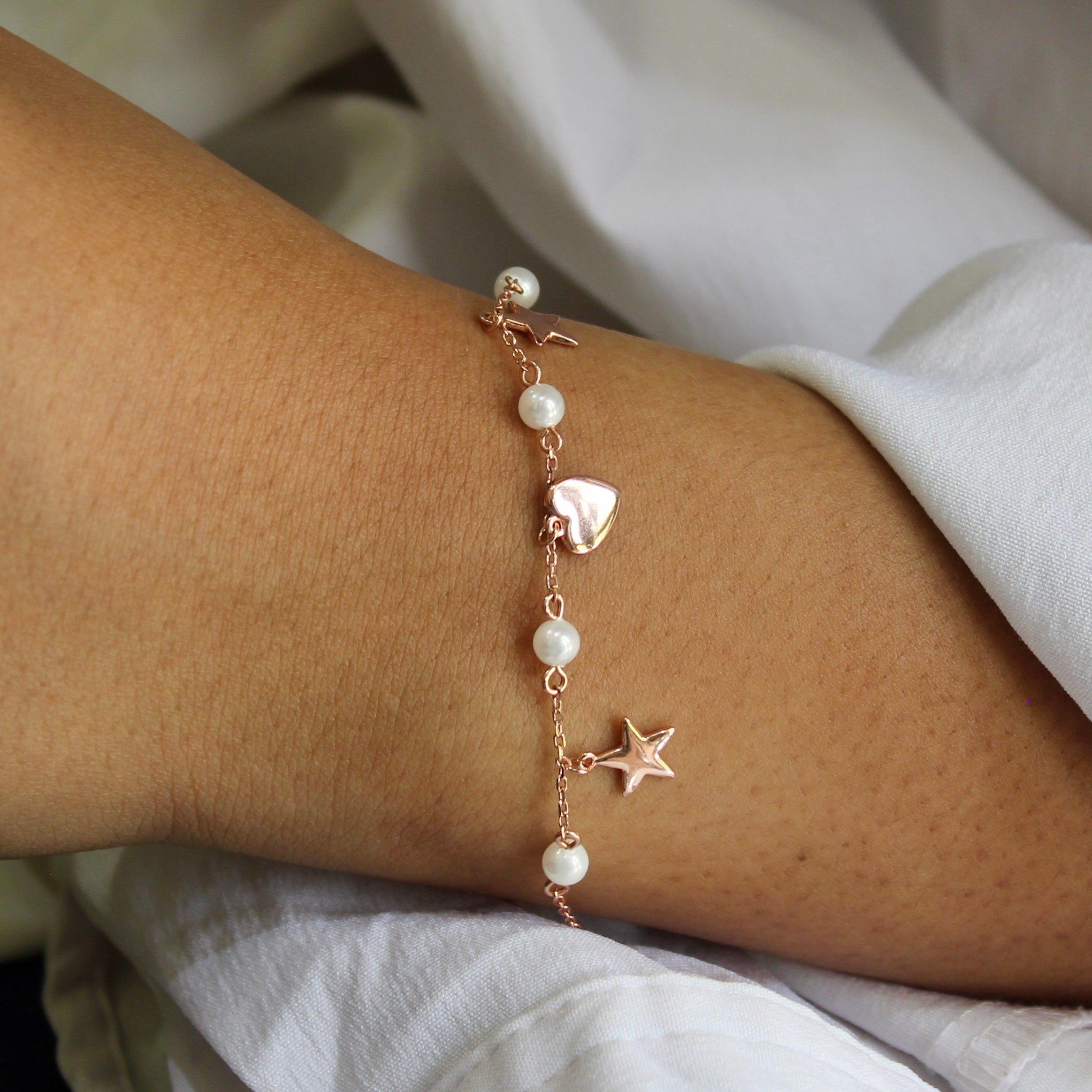 Pearls Star Heart Charms 925 Silver Minimal Bracelet in Rose Gold