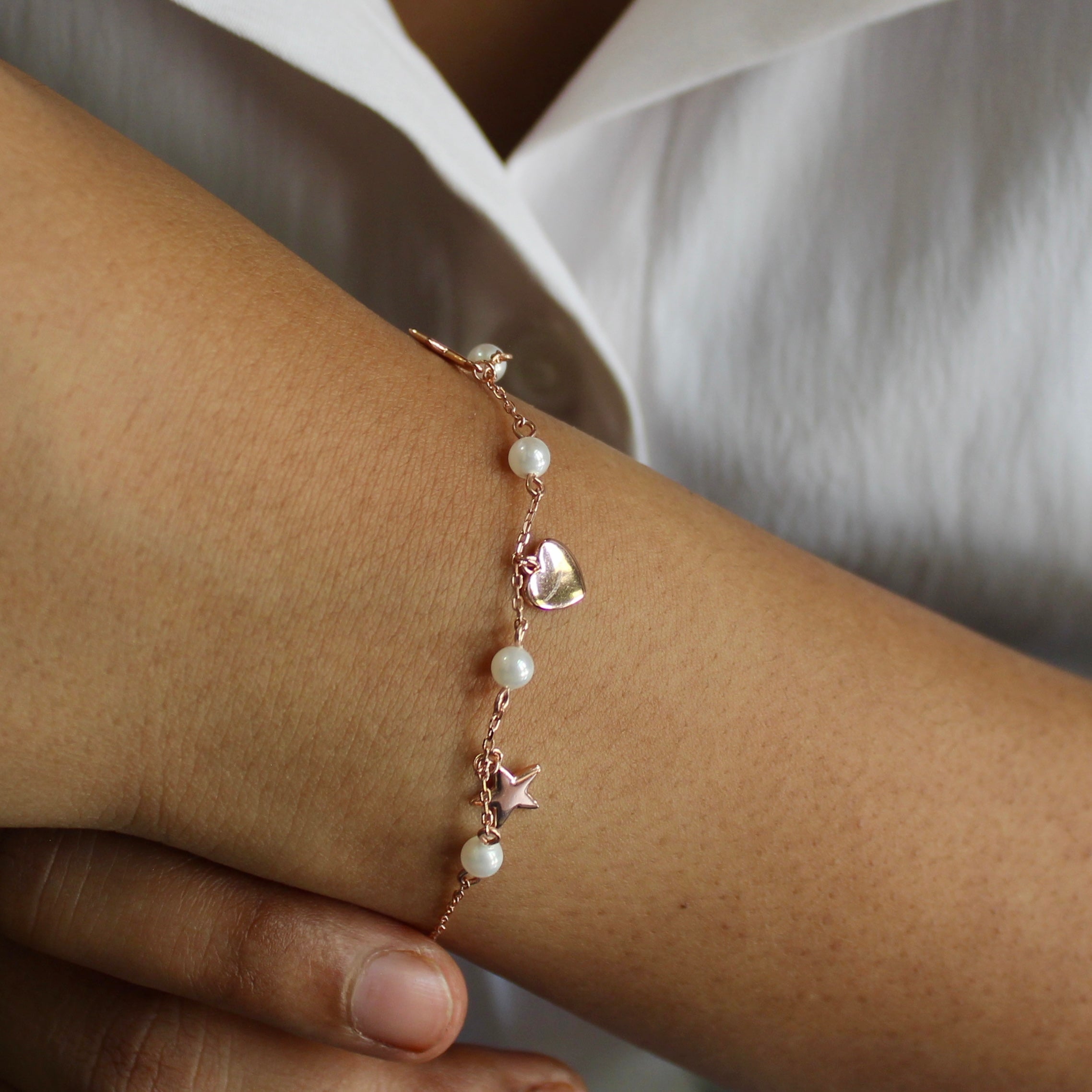 Pearls Star Heart Charms 925 Silver Minimal Bracelet in Rose Gold