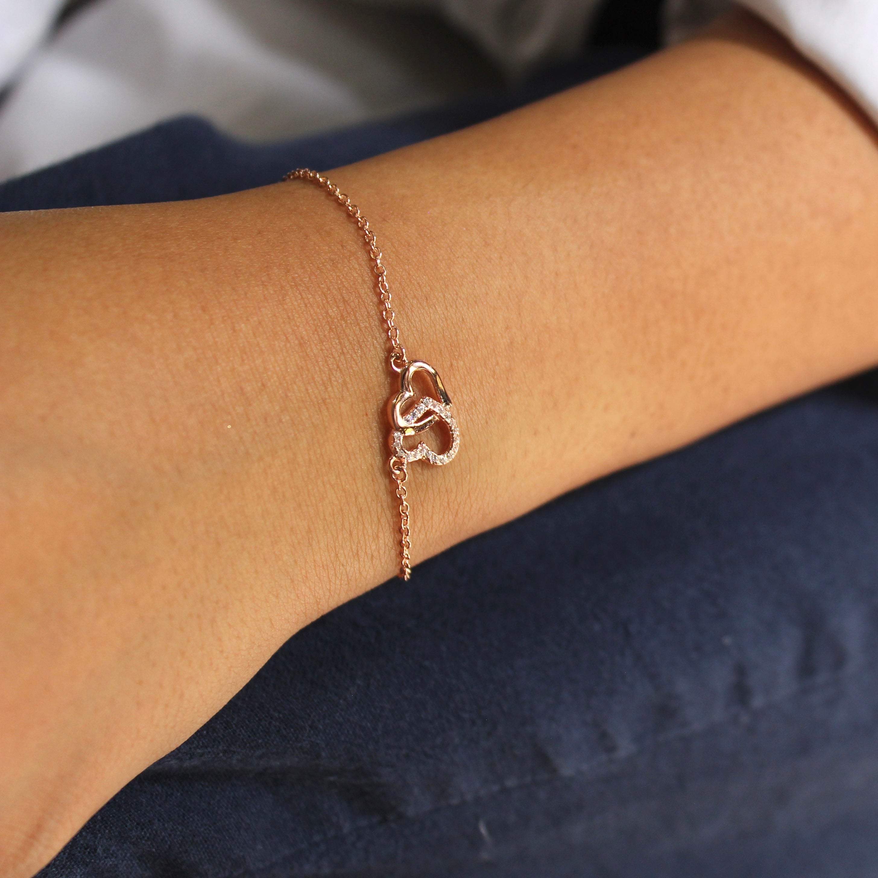 Interconnecting Heart Charm Rose Gold Silver Minimal Bracelet