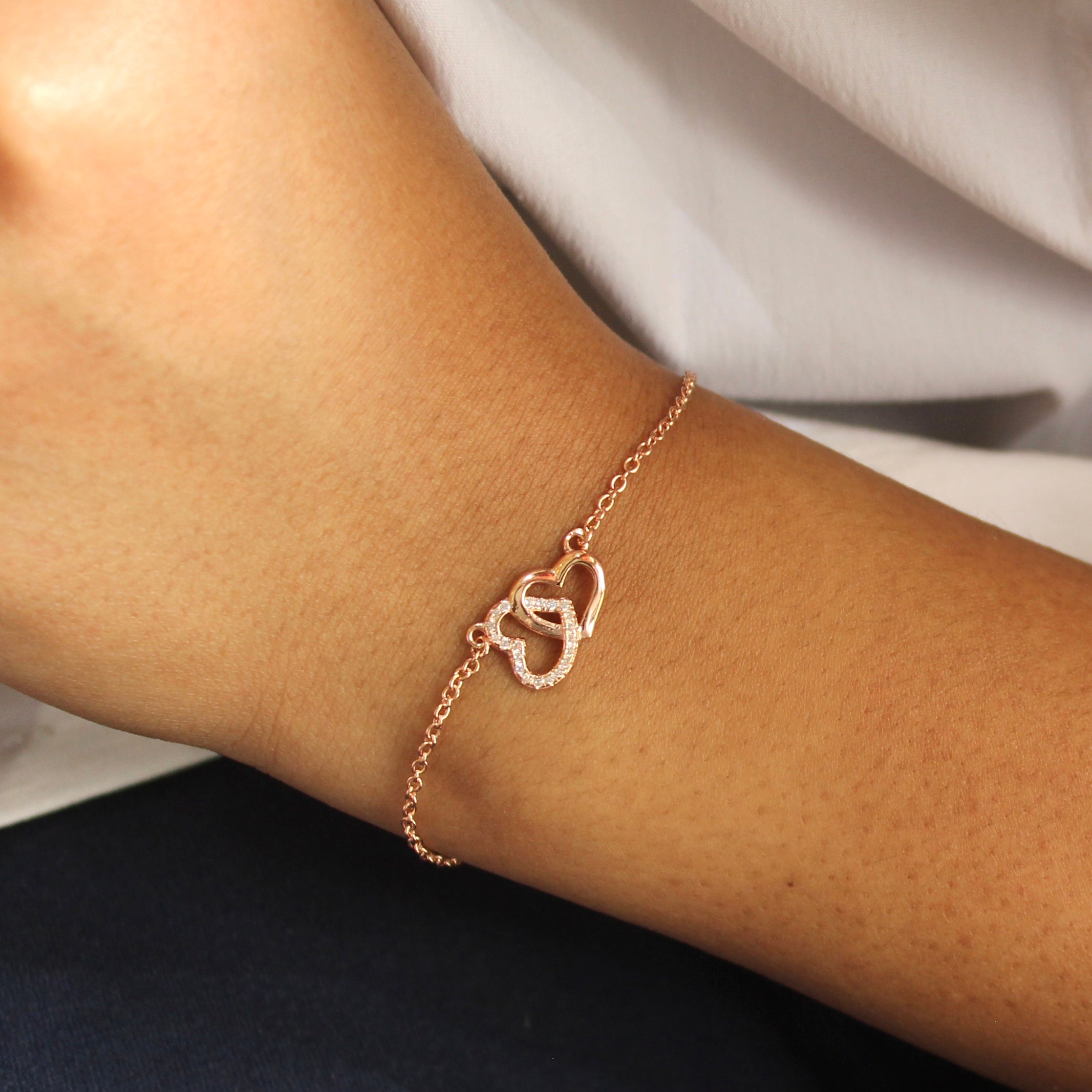 Interconnecting Heart Charm Rose Gold Silver Minimal Bracelet