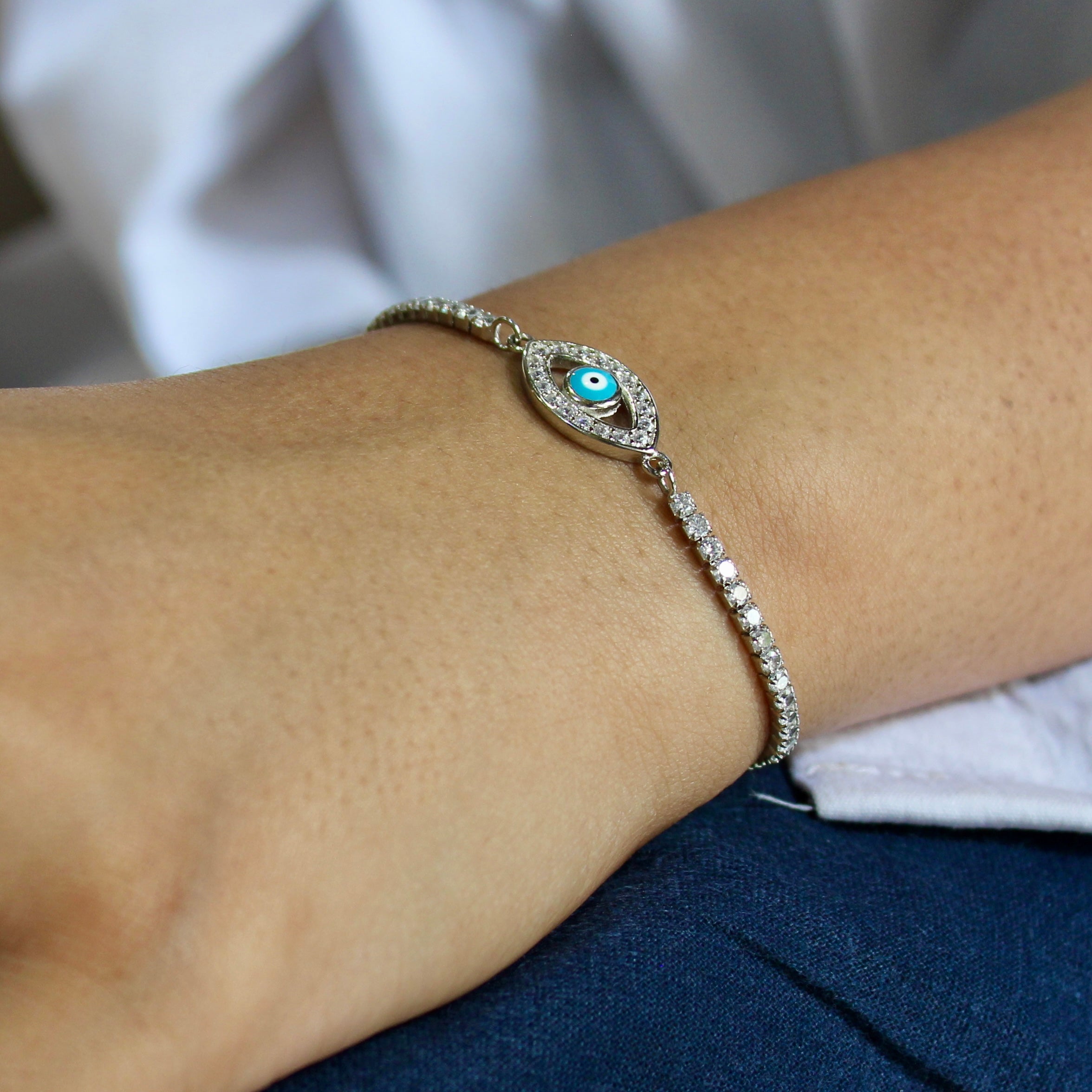 Evil Eye Minimal 925 Silver Adjustable Bracelet