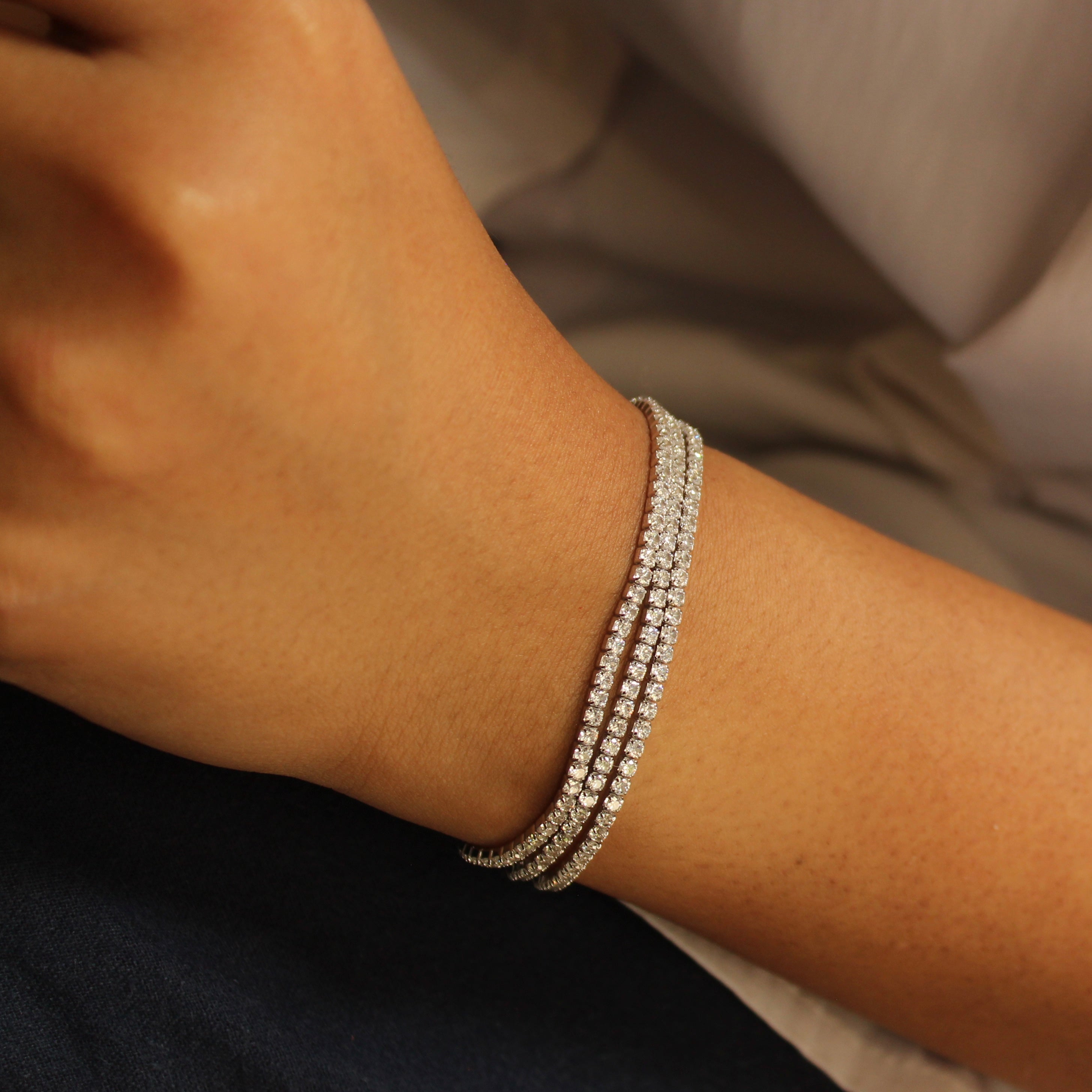 Minimal Solitaire Pure Silver Adjustable Bracelet- Triple Layered