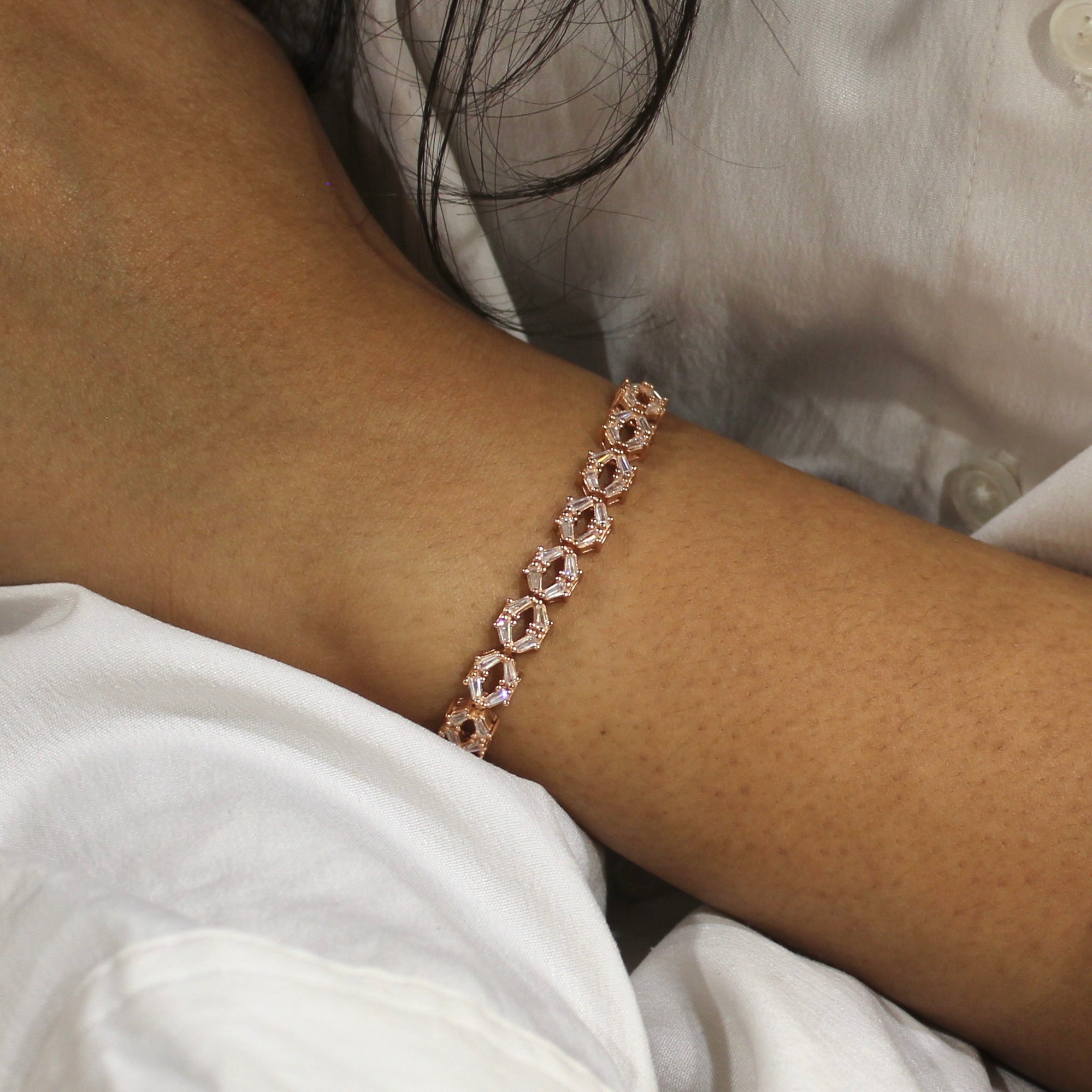 Hexagon Stones Rose Gold 925 Silver Adjustable Bracelet