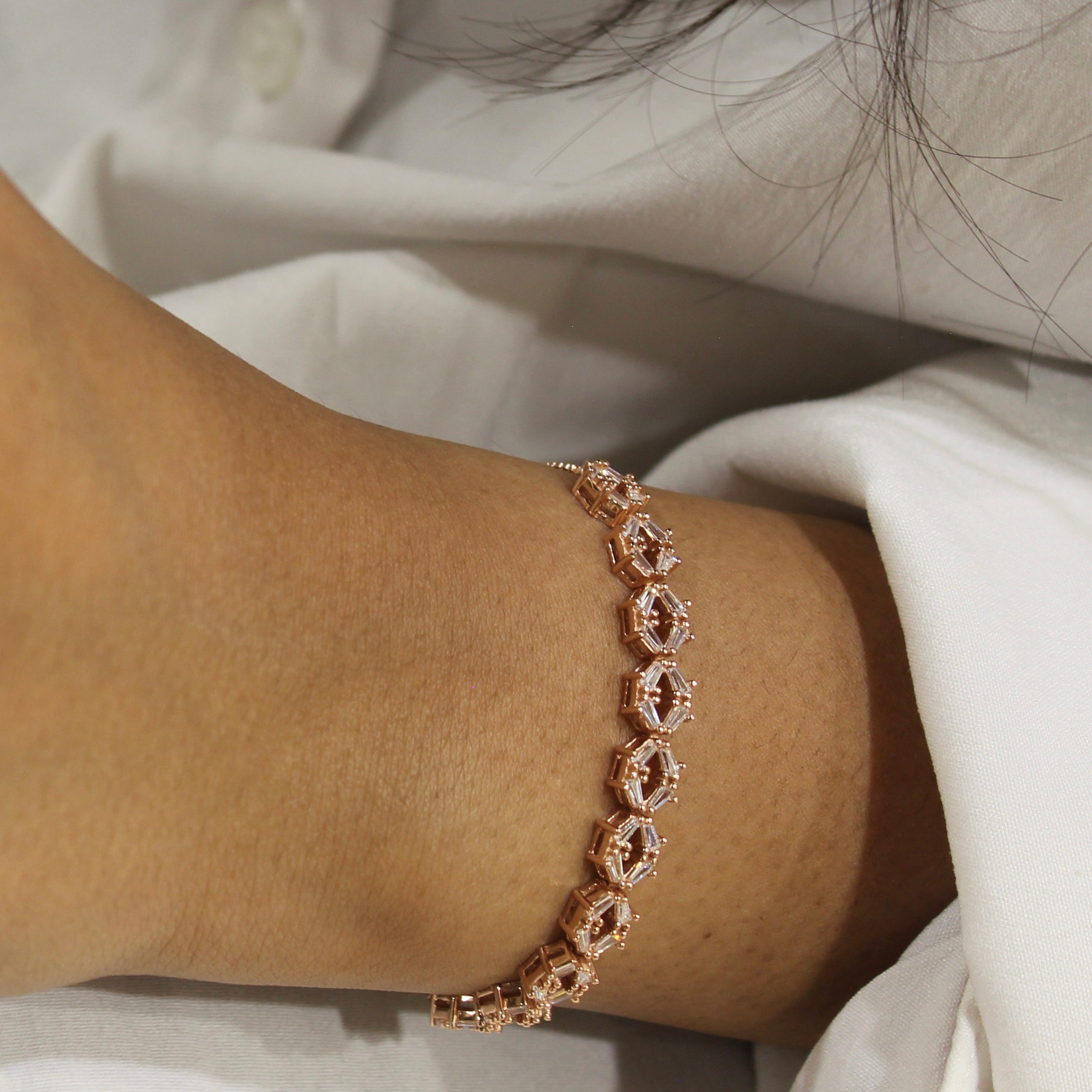 Hexagon Stones Rose Gold 925 Silver Adjustable Bracelet