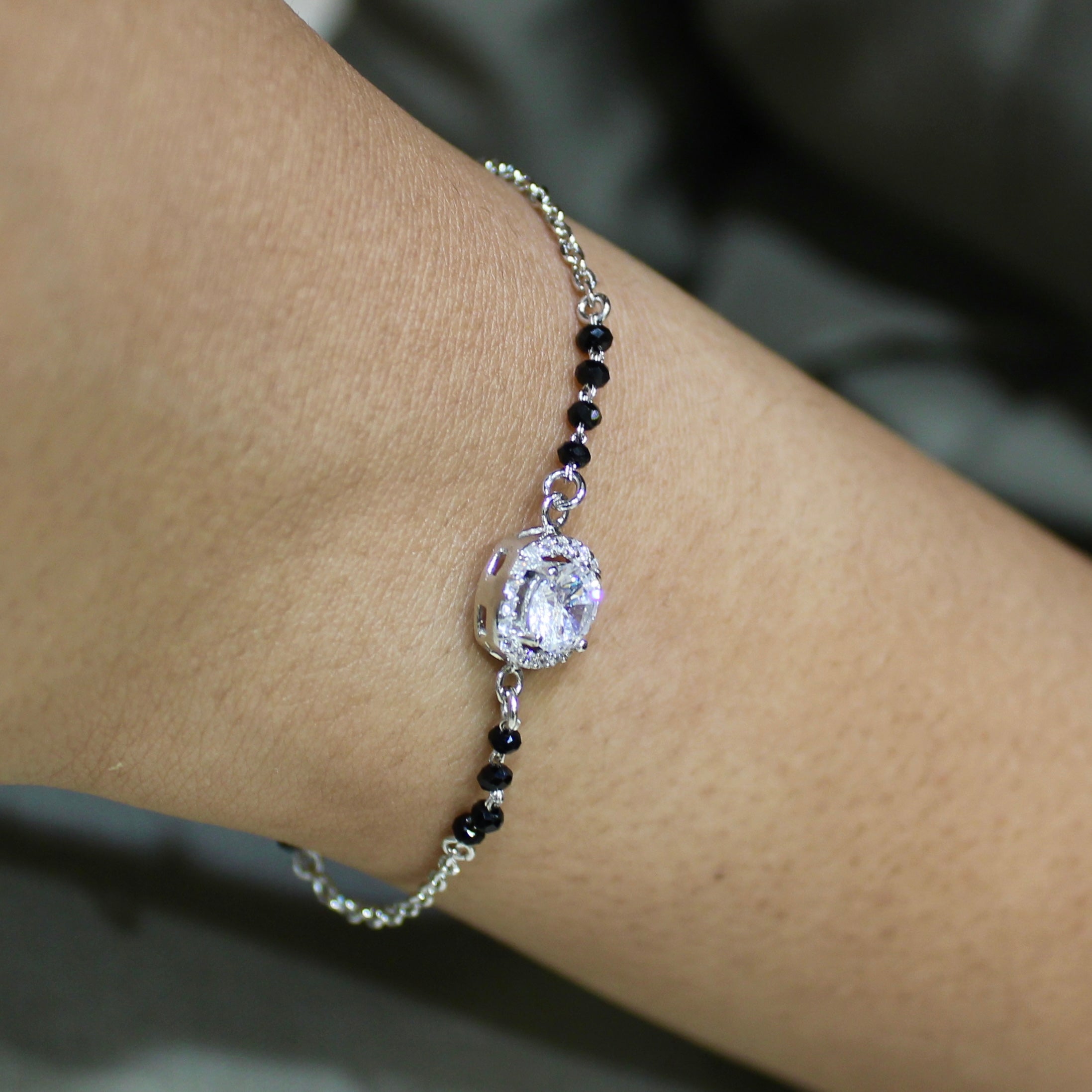 Oval Zircon Stone Pure Silver Mangalsutra Bracelet