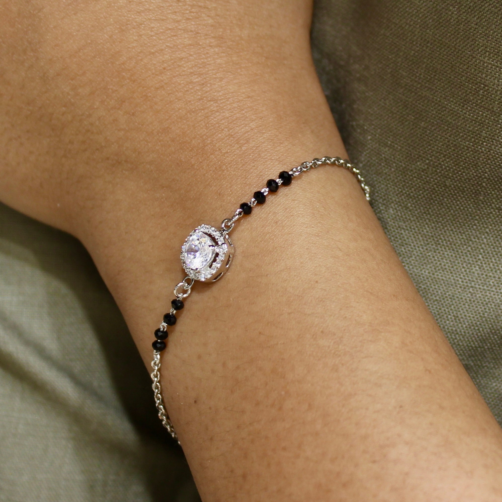 Oval Zircon Stone Pure Silver Mangalsutra Bracelet