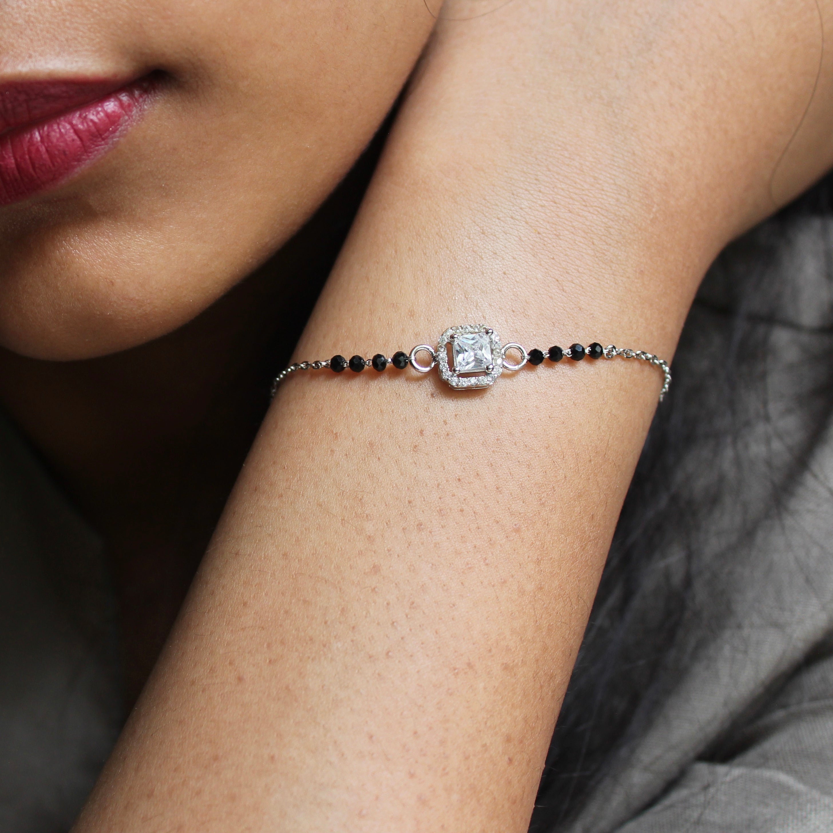 Cube Zircon Stone Pure Silver Mangalsutra Bracelet