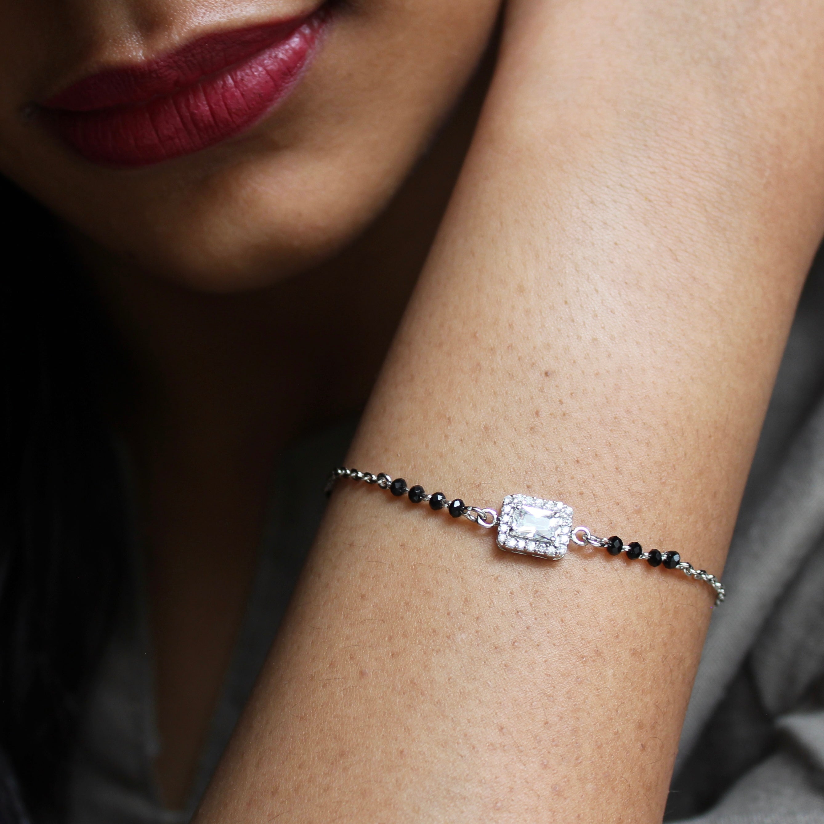 Rectangle Zircon Stone Pure Silver Mangalsutra Bracelet