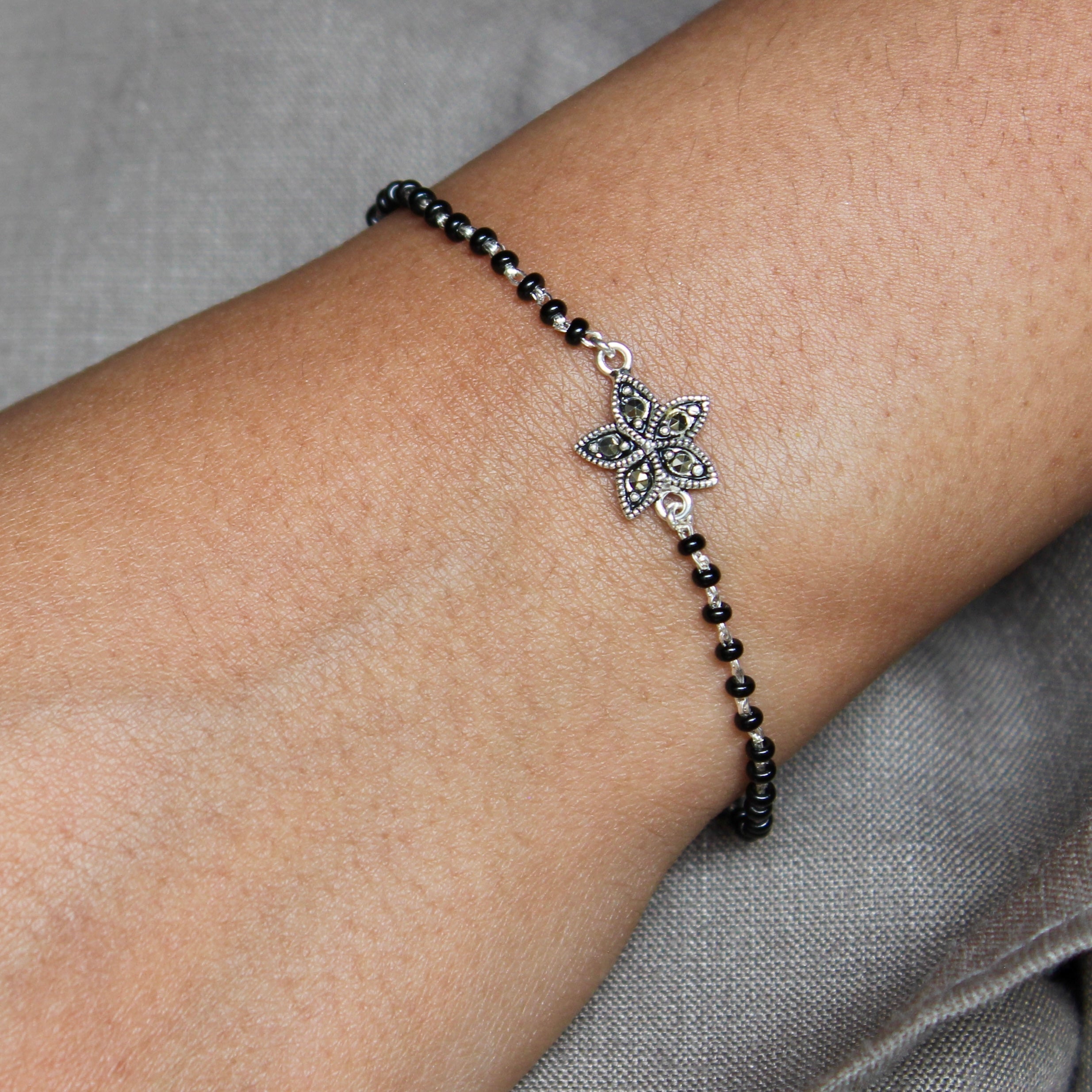 Petals Oxidised Charm Pure Silver Mangalsutra Bracelet