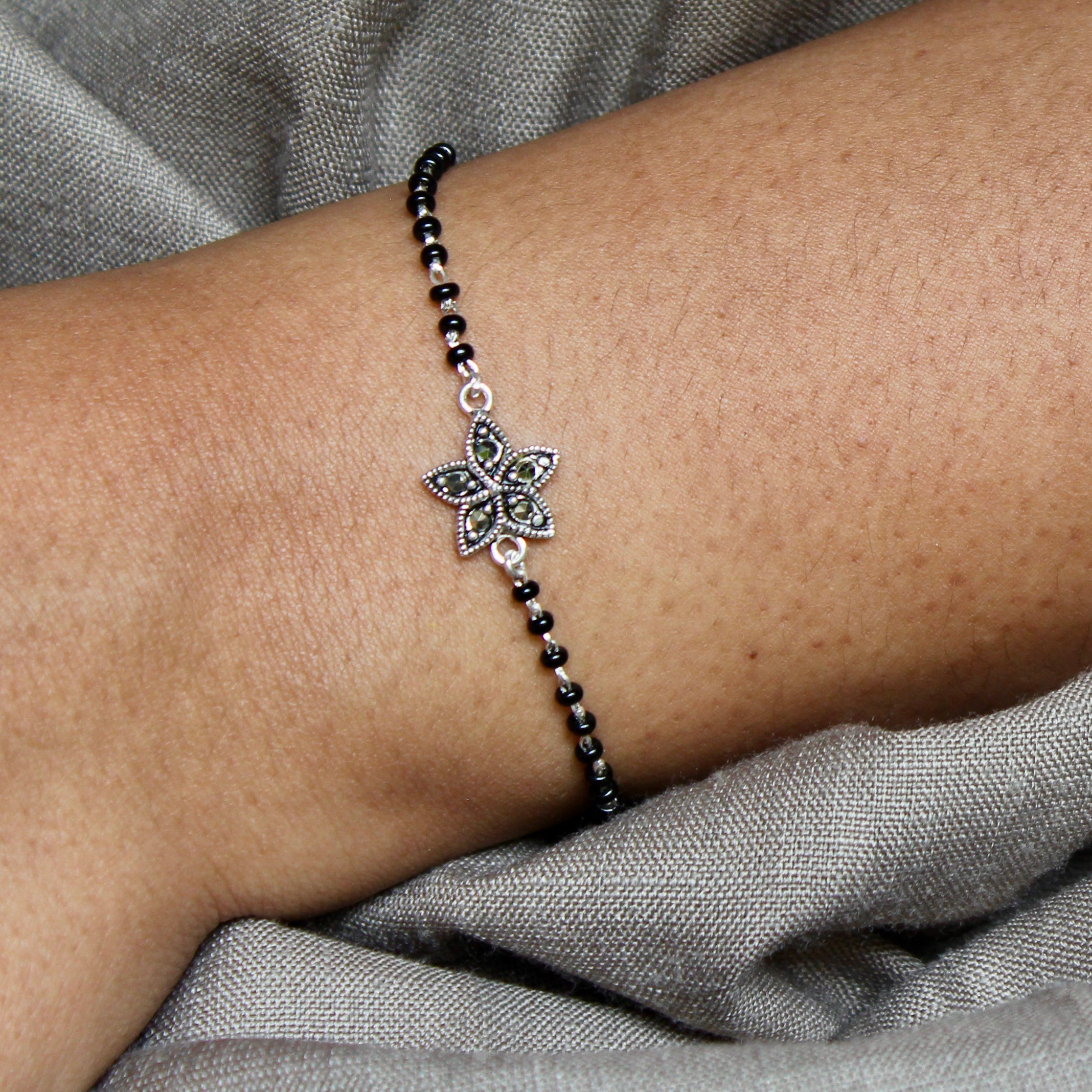 Petals Oxidised Charm Pure Silver Mangalsutra Bracelet