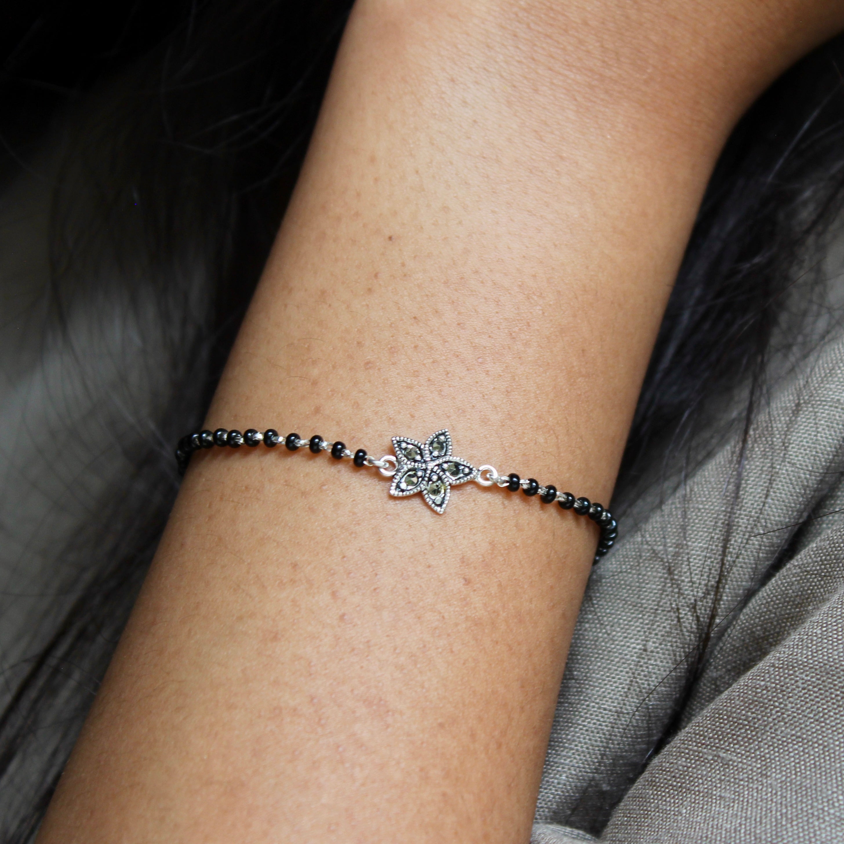 Petals Oxidised Charm Pure Silver Mangalsutra Bracelet