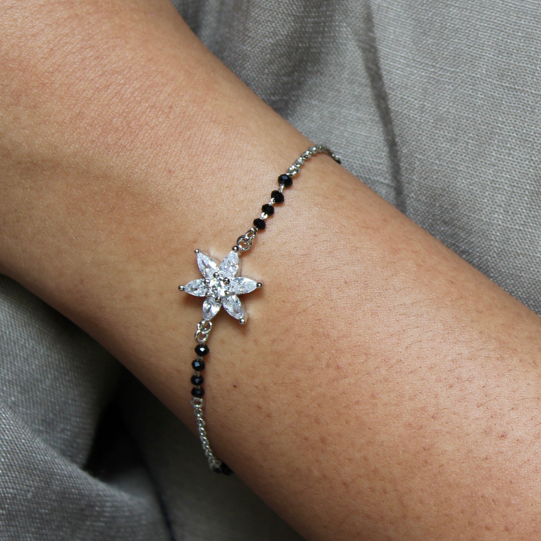 Flower Zircon Stones Pure Silver Mangalsutra Bracelet