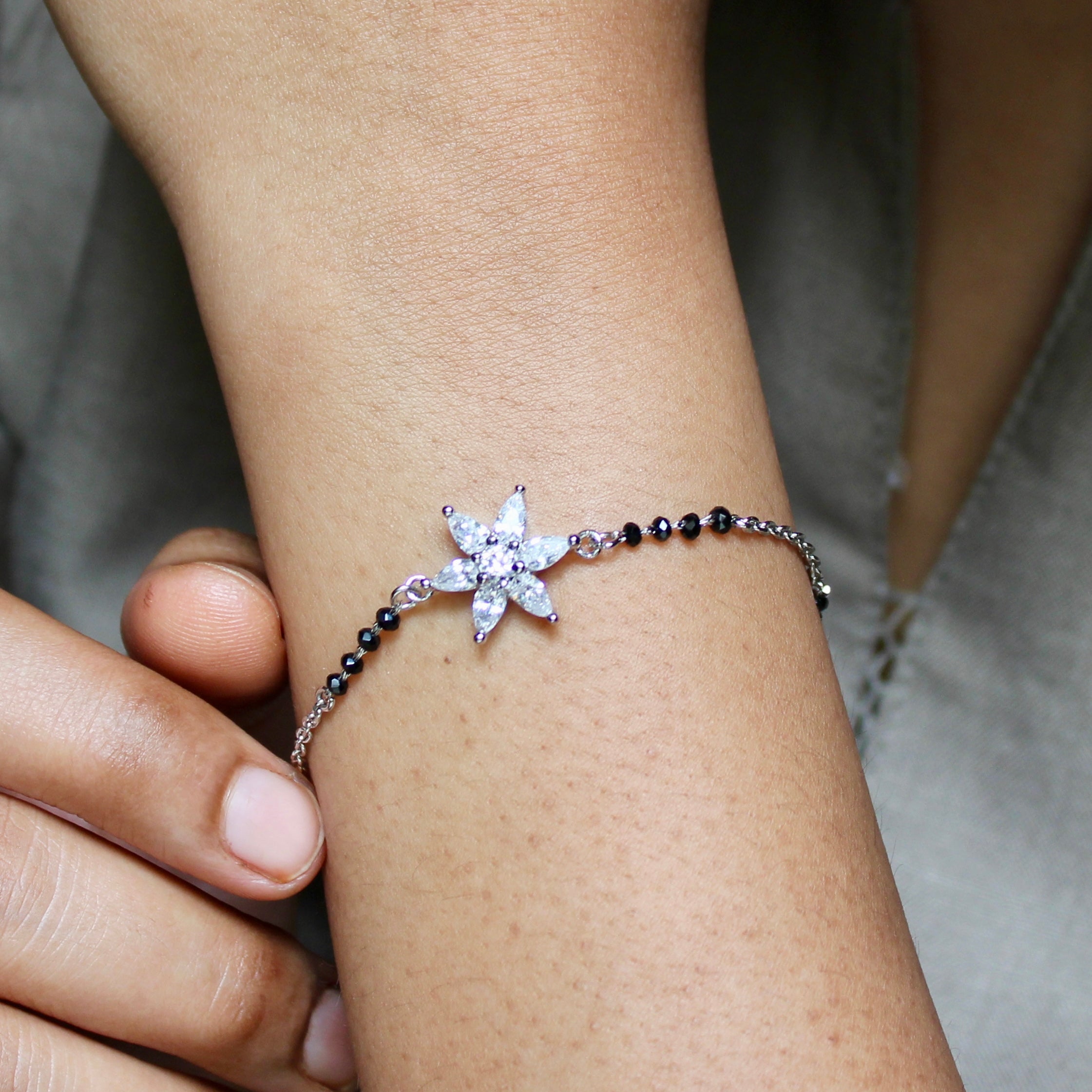 Flower Zircon Stones Pure Silver Mangalsutra Bracelet