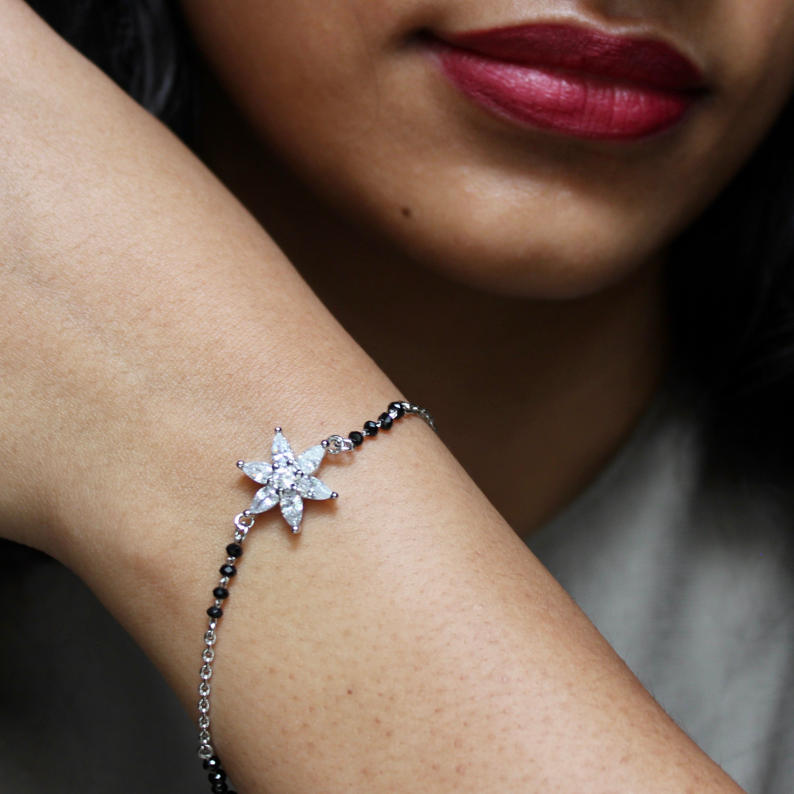 Flower Zircon Stones Pure Silver Mangalsutra Bracelet