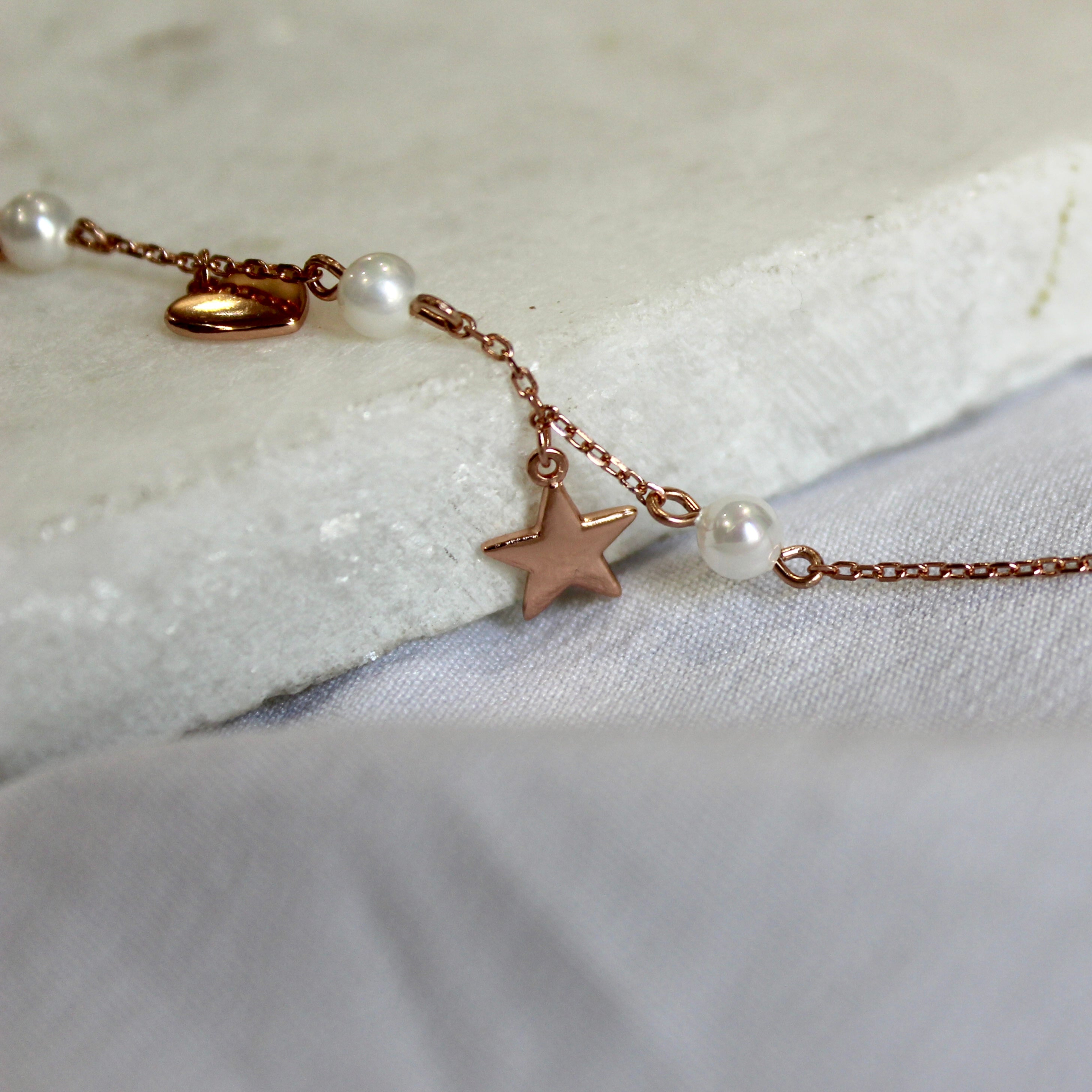 Pearls Star Heart Charms 925 Silver Minimal Bracelet in Rose Gold