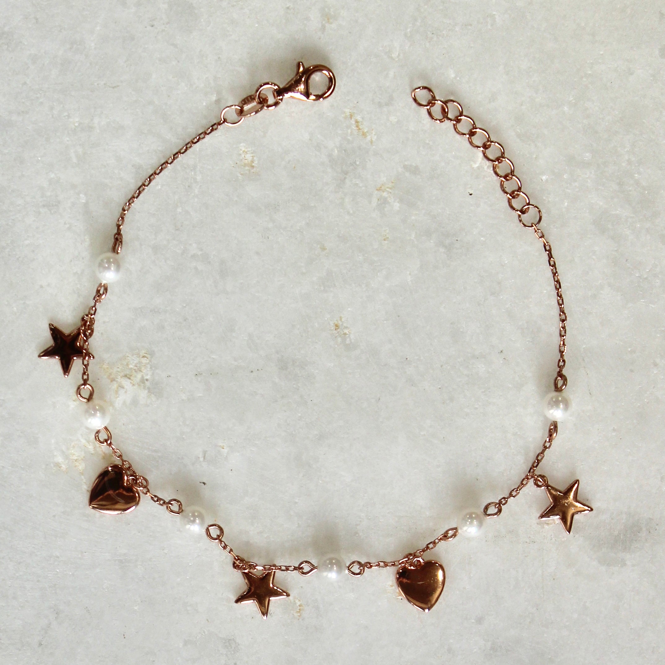 Pearls Star Heart Charms 925 Silver Minimal Bracelet in Rose Gold