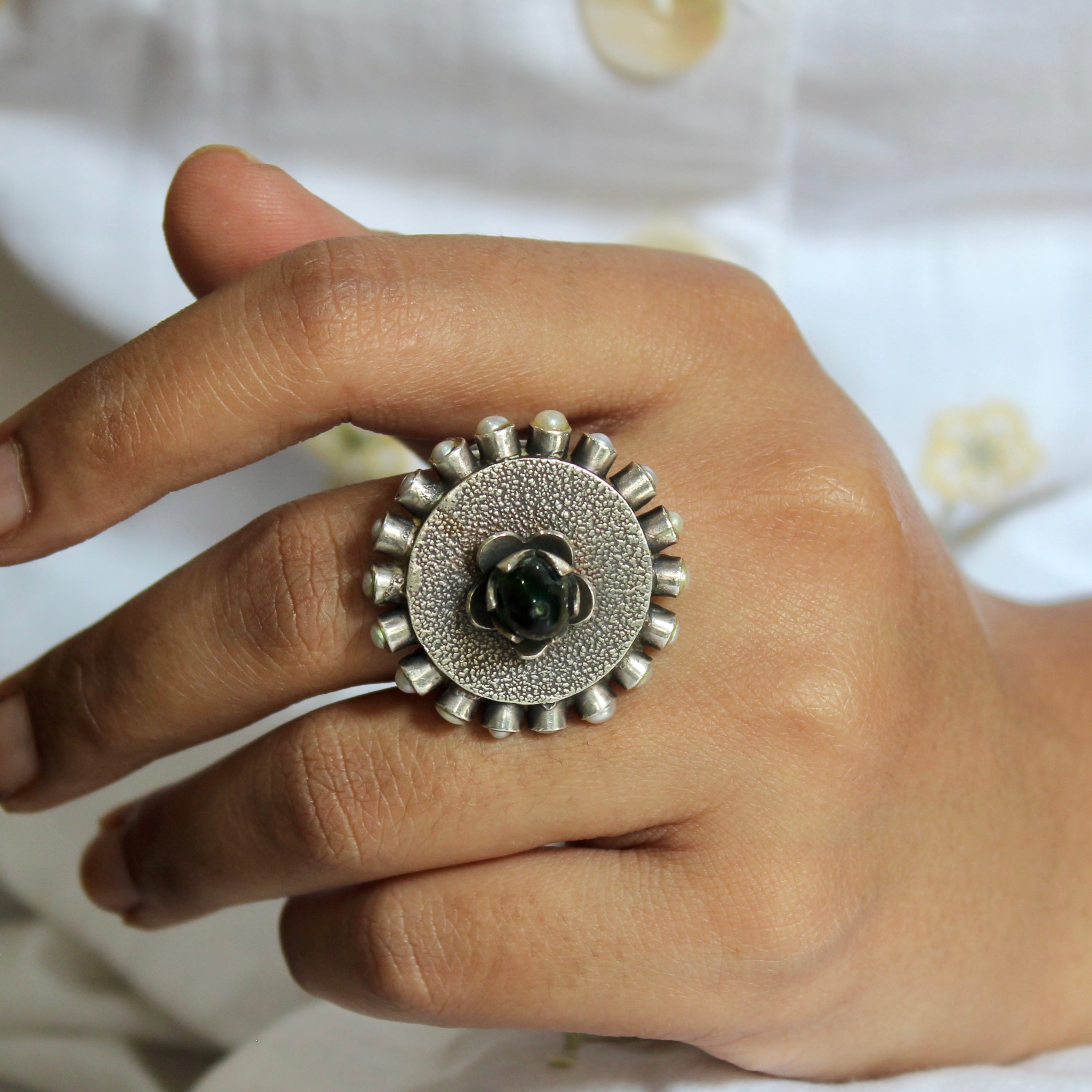 Emerald Stone on top Flower Oxidised Silver Ring