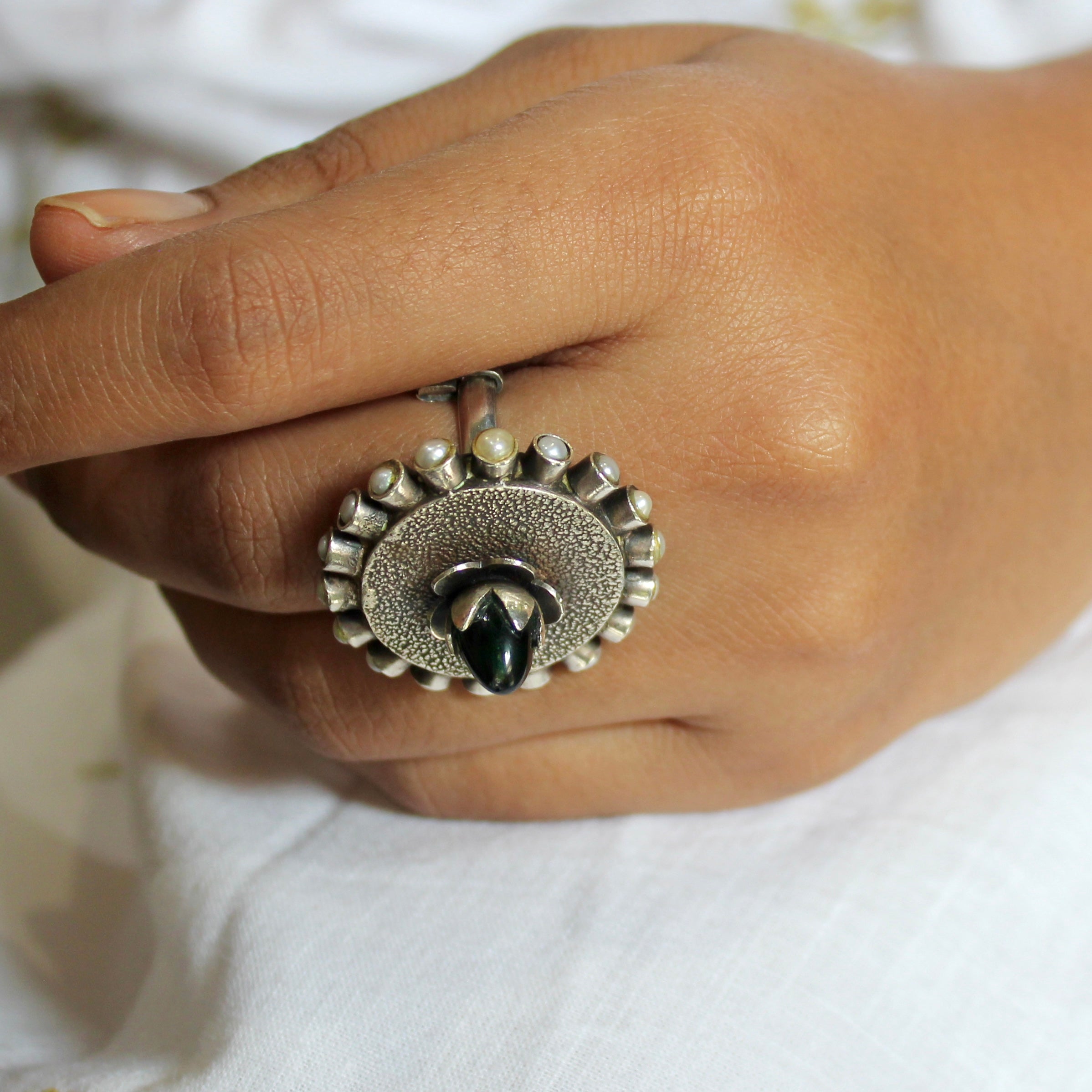 Emerald Stone on top Flower Oxidised Silver Ring