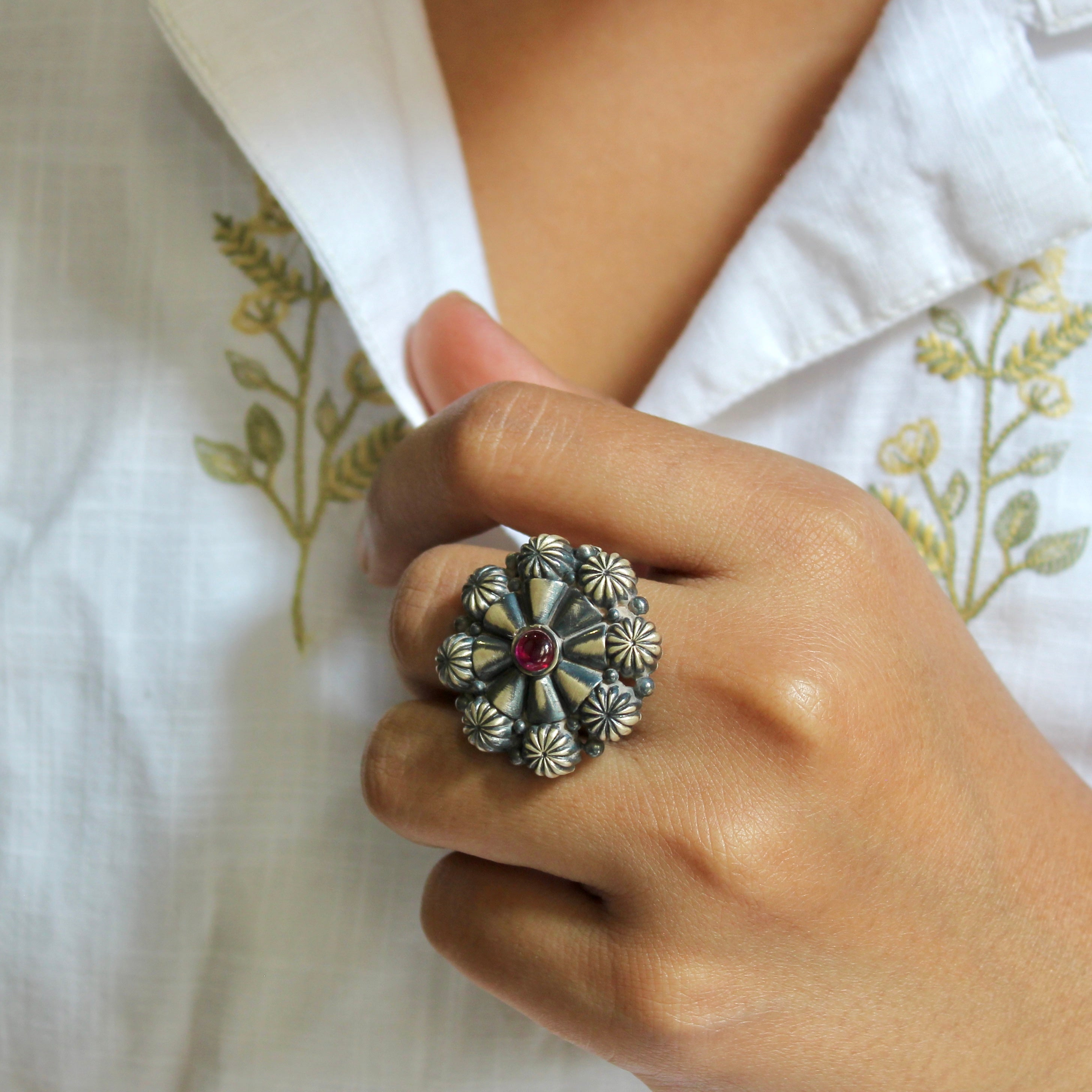 Ruby Stone Flower Oxidised Silver Ring