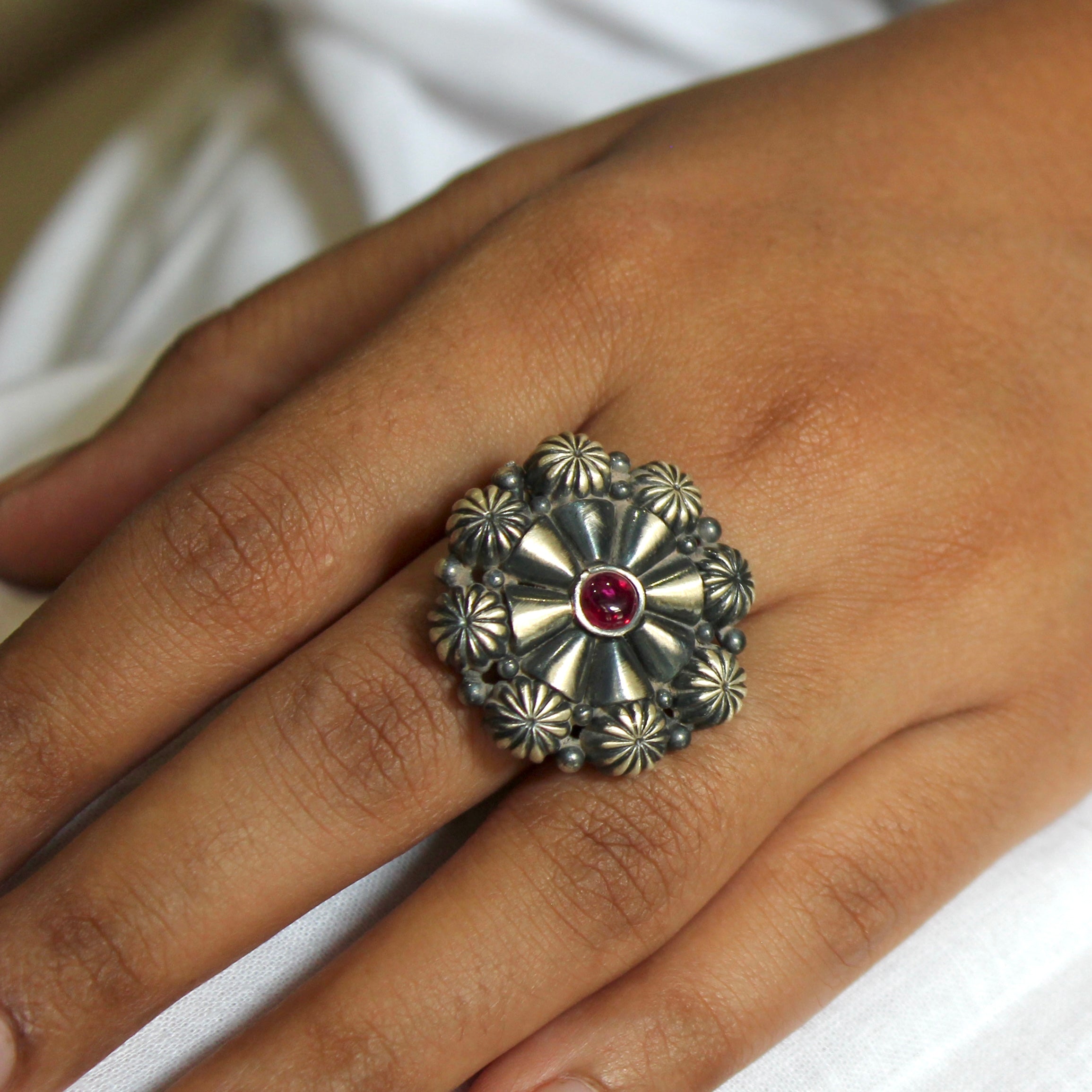 Ruby Stone Flower Oxidised Silver Ring