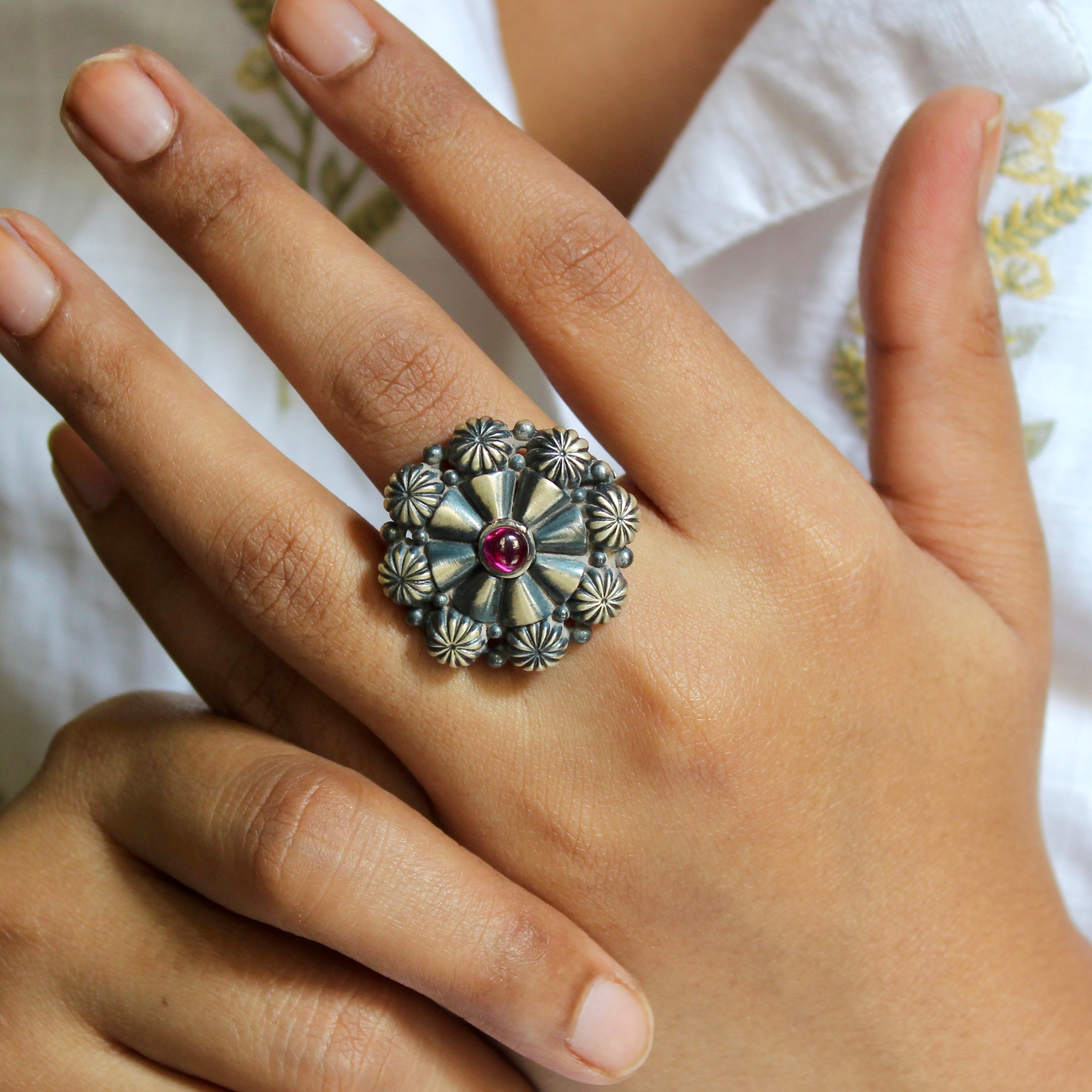 Ruby Stone Flower Oxidised Silver Ring