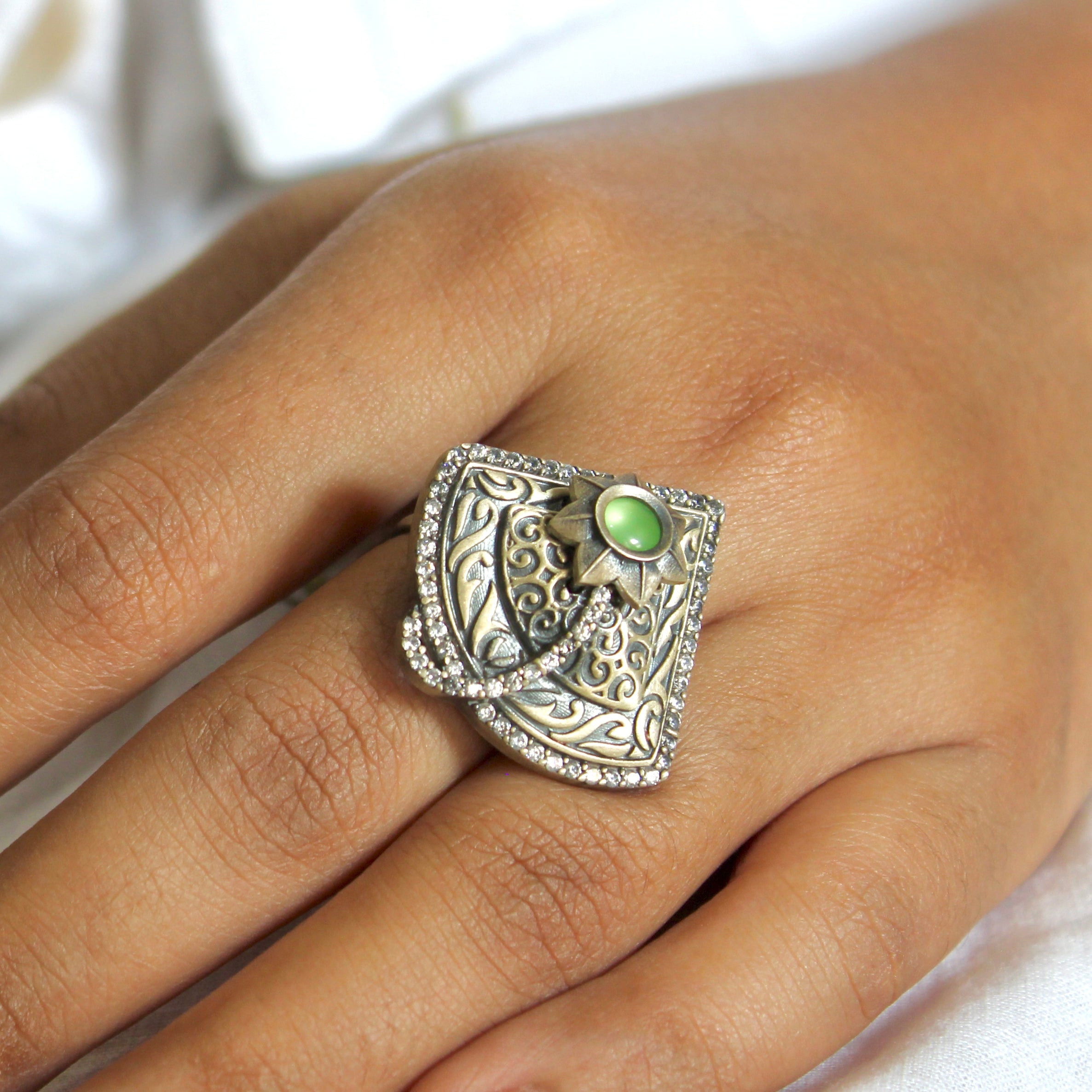 Prehnite Stone Antique Oxidised Silver Ring