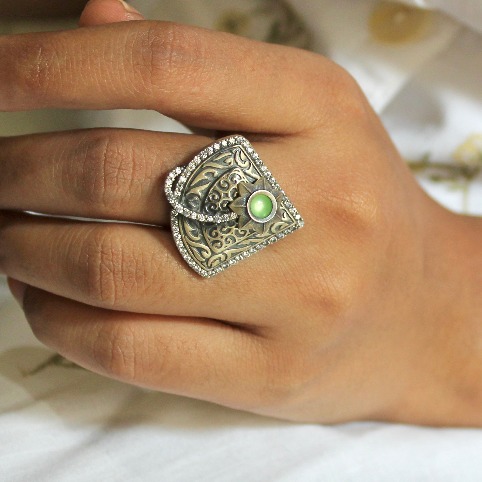 Prehnite Stone Antique Oxidised Silver Ring