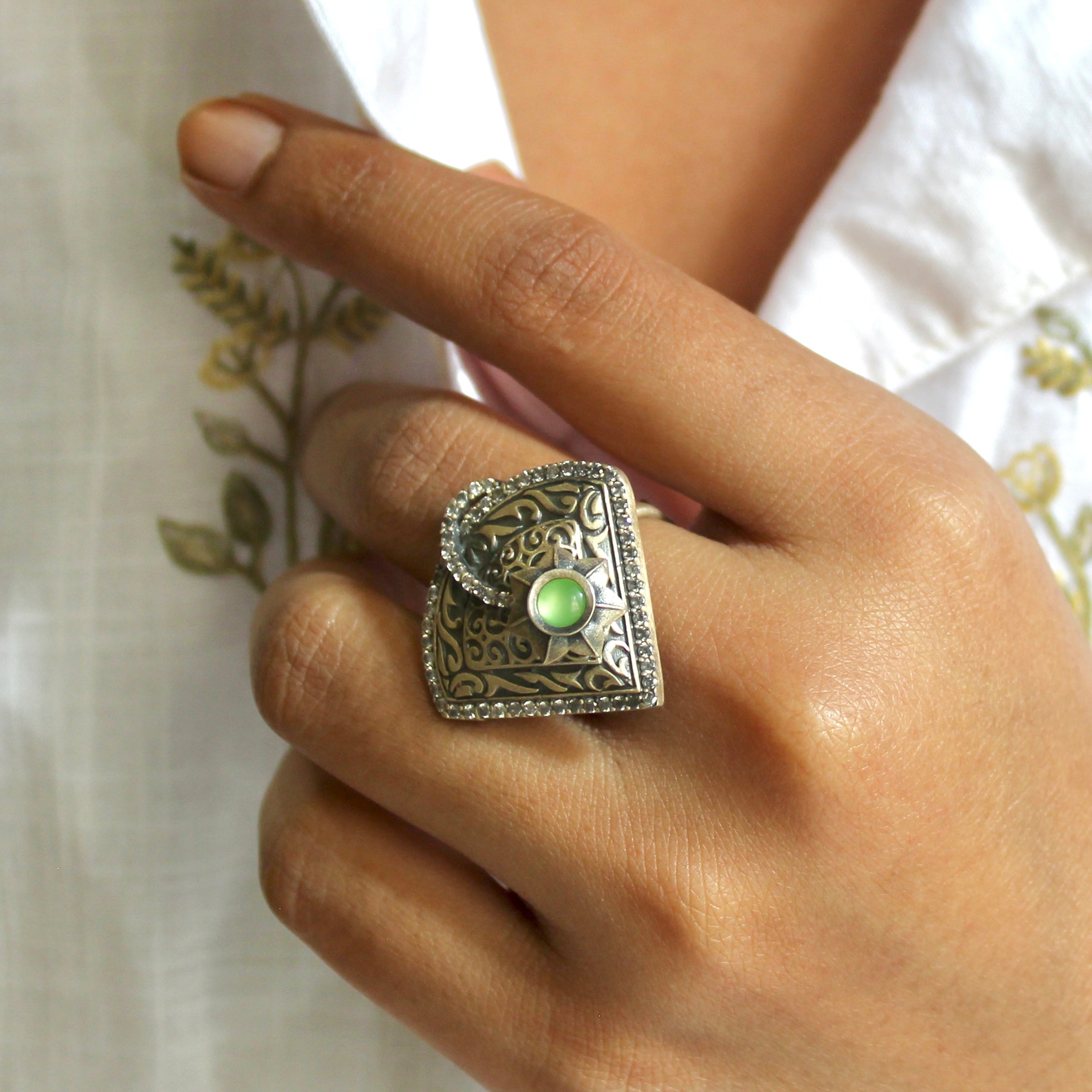 Prehnite Stone Antique Oxidised Silver Ring