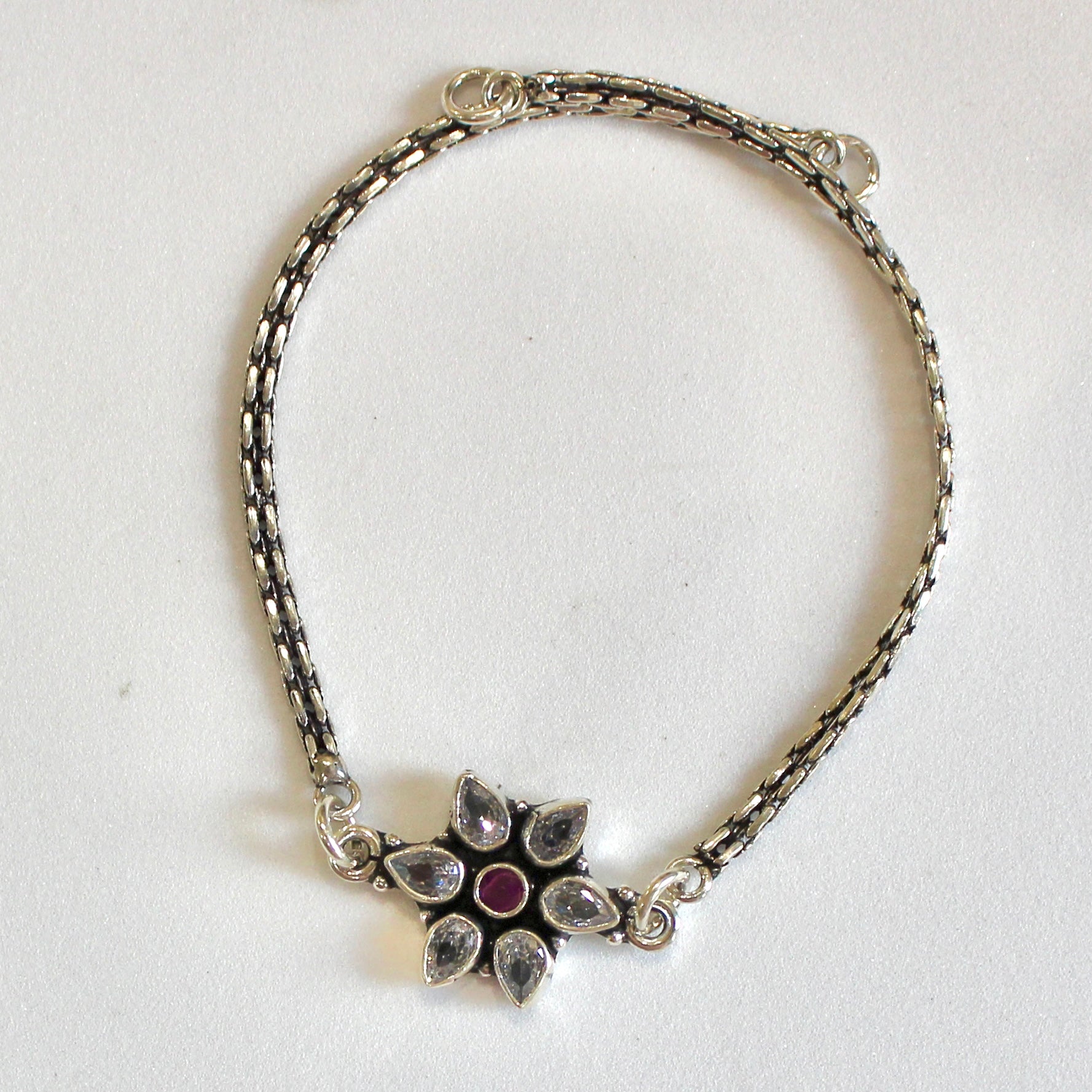 Flower With Zircon 925 Oxidised Anklet