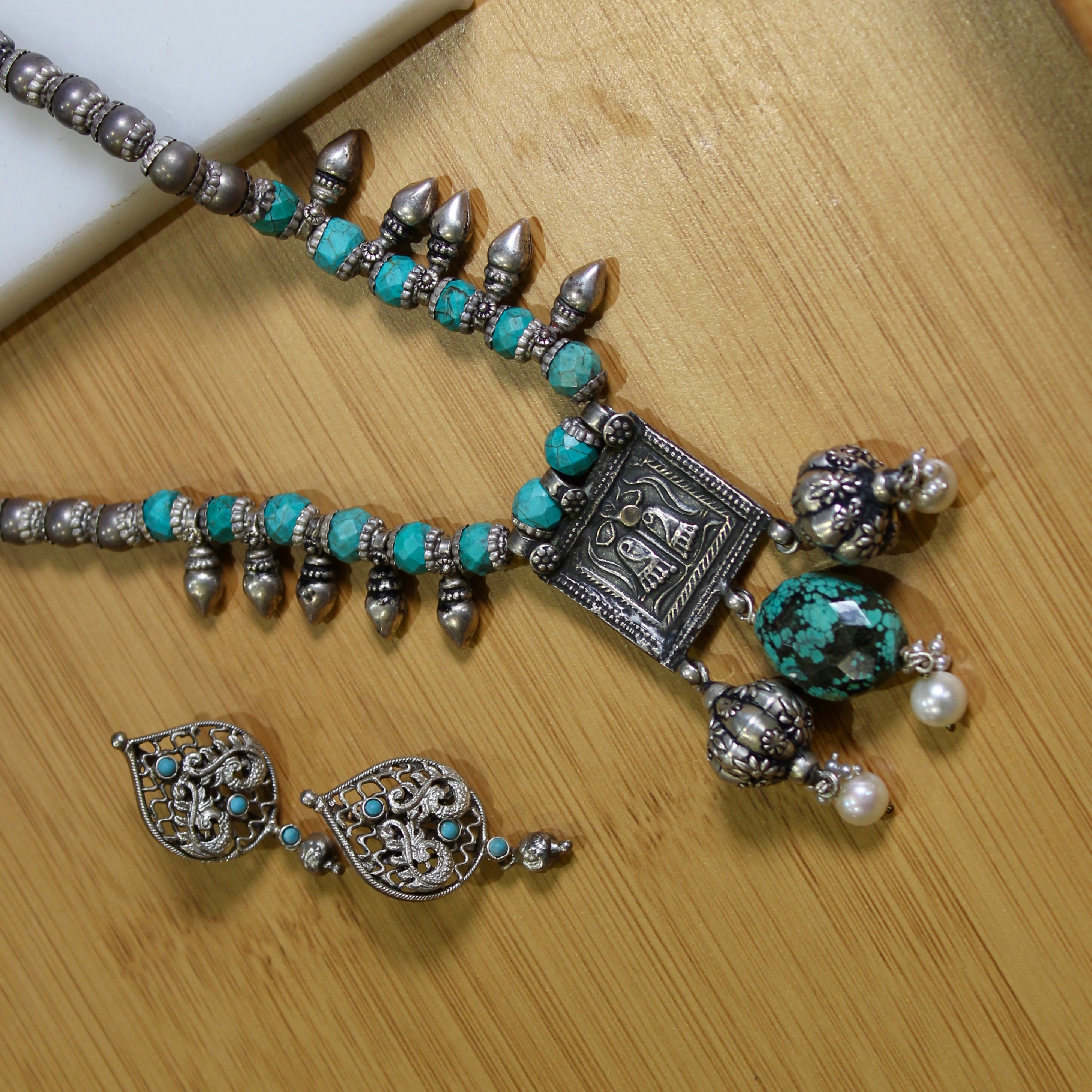 Teal Stones Antique Oxidised Silver Necklace with Earrings