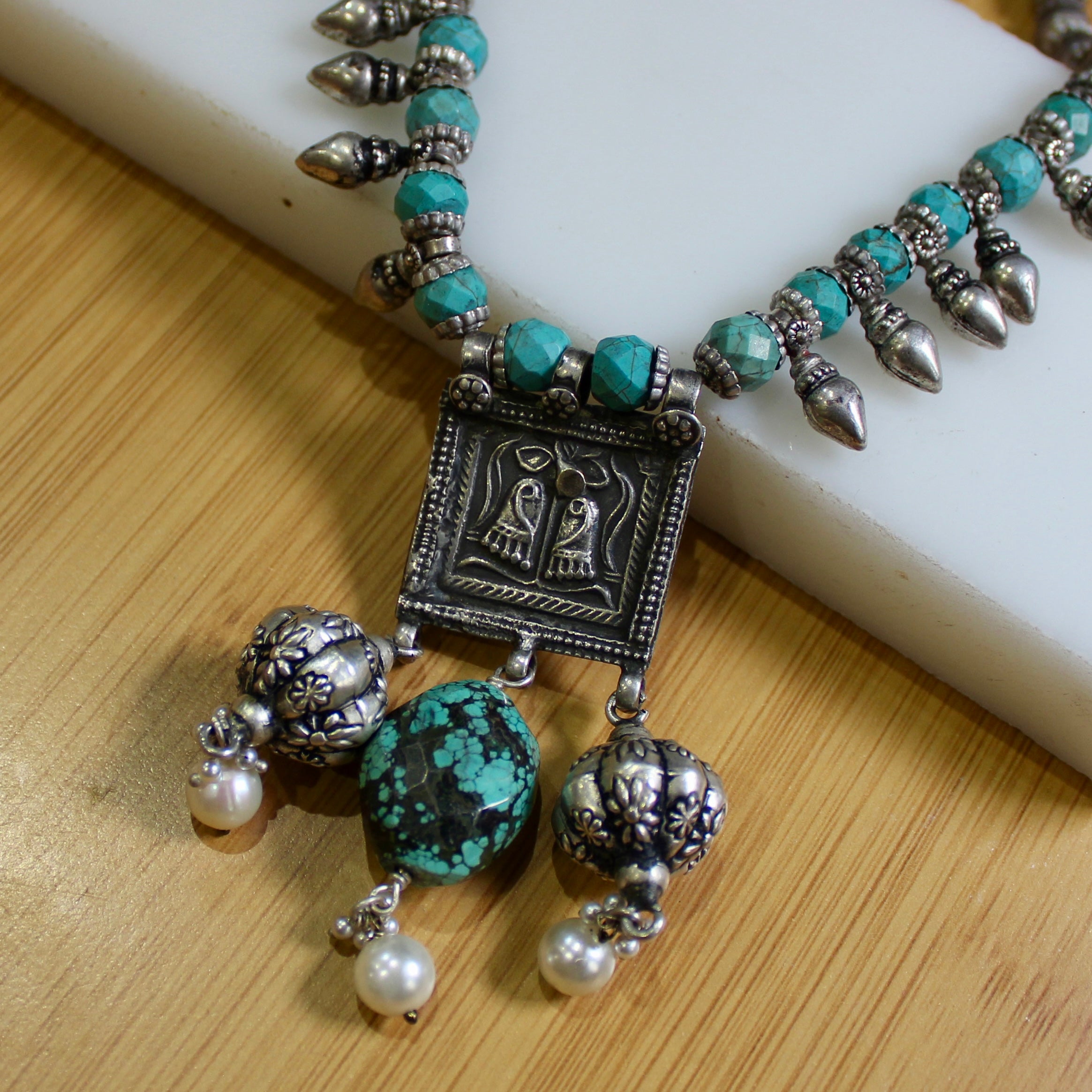 Teal Stones Antique Oxidised Silver Necklace with Earrings