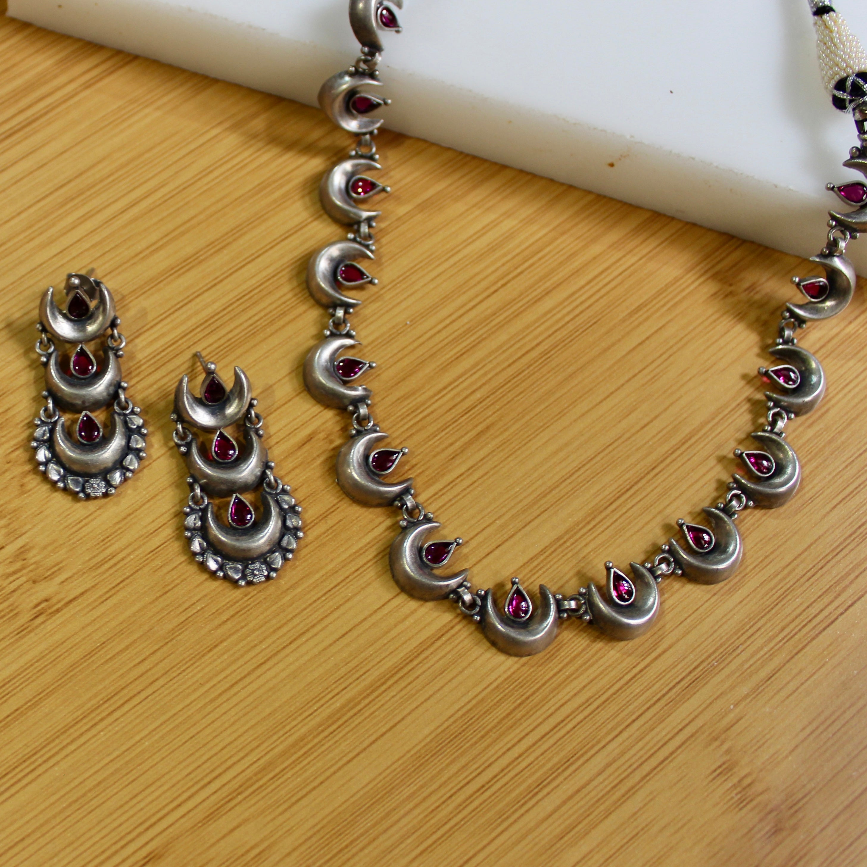 Ruby Stones Half Moon Oxidised Silver Necklace Set With Earrings